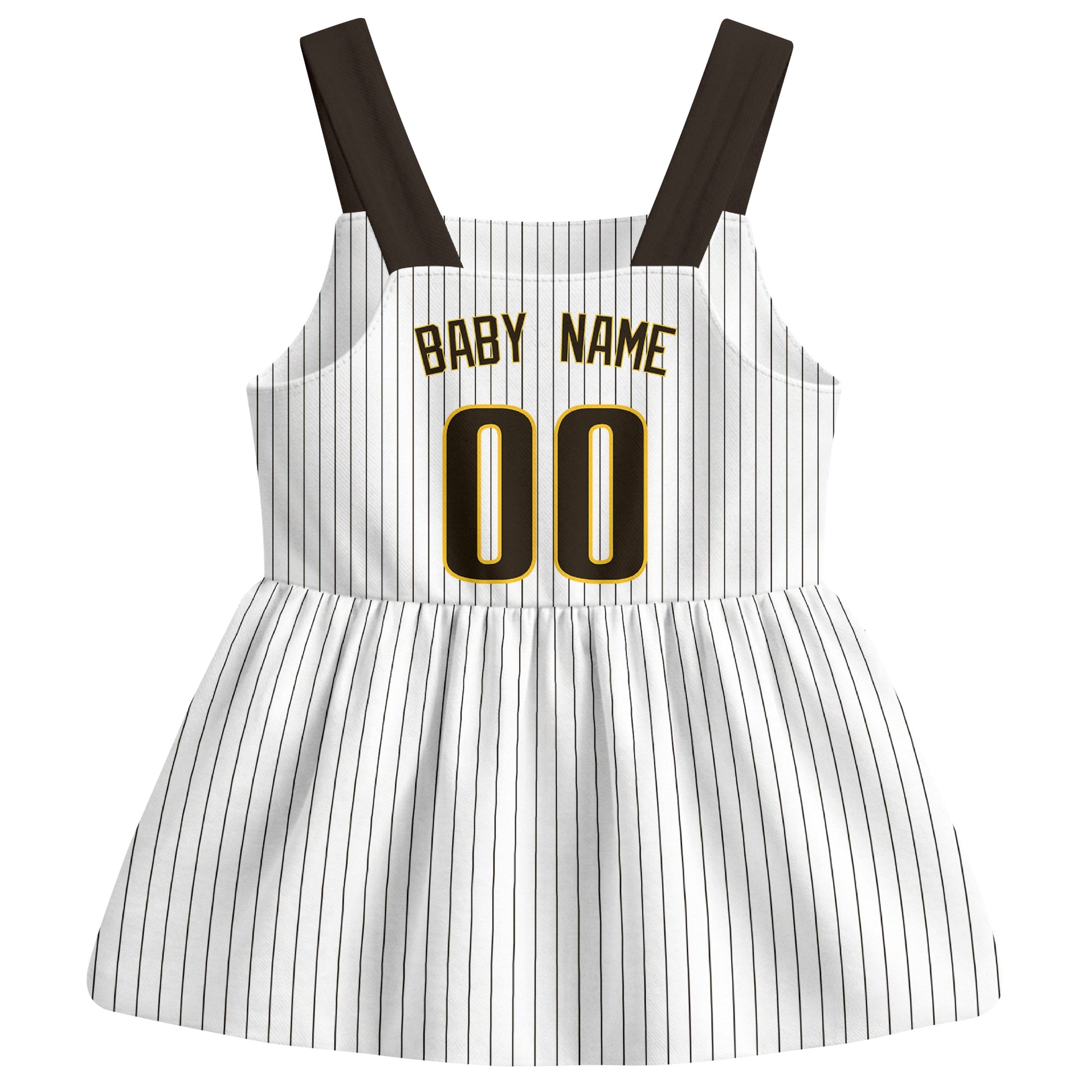 White San Diego-inspired baseball baby strap dress back view with custom baby name and number