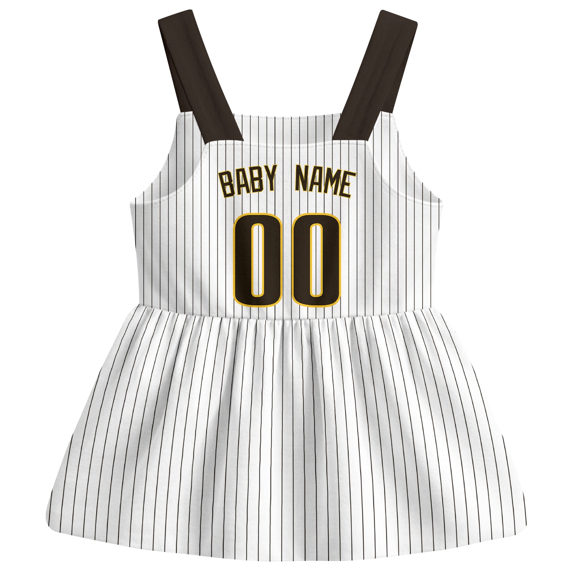 White San Diego-inspired baseball baby strap dress back view with custom baby name and number