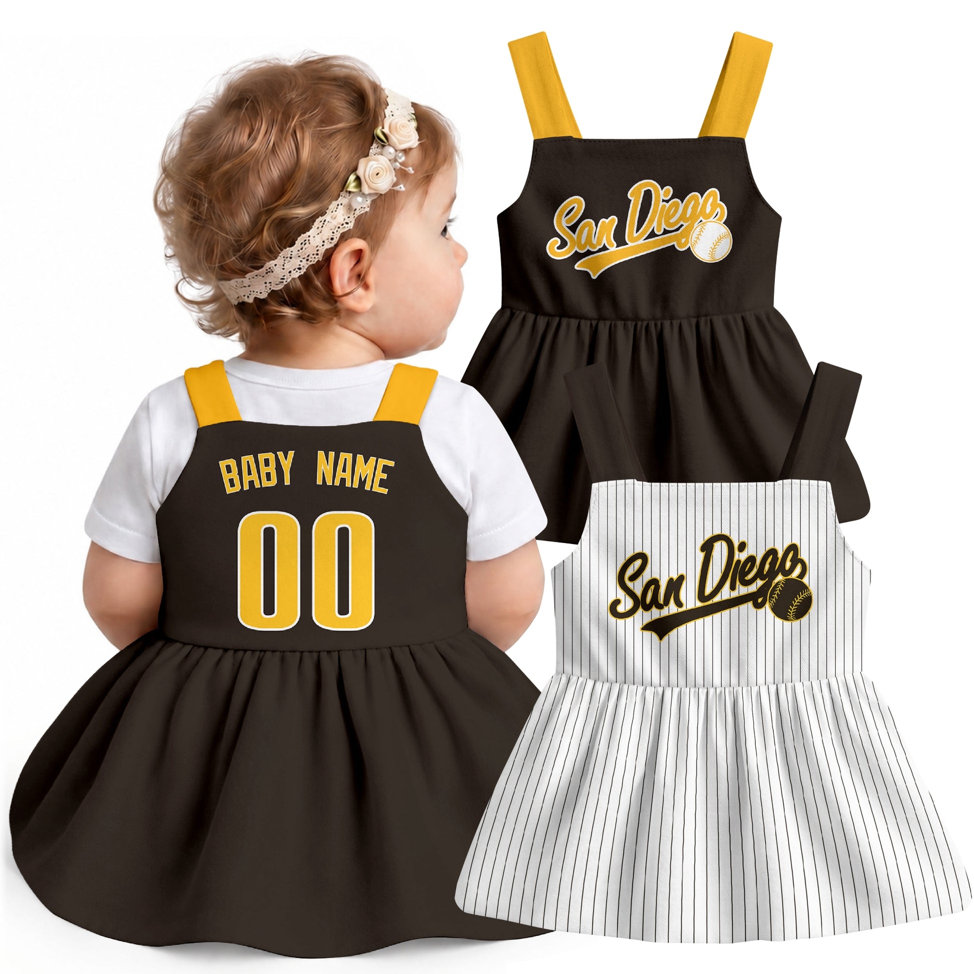 San Diego-inspired baseball baby strap dress modeled in Brown, with Brown and White front designs shown