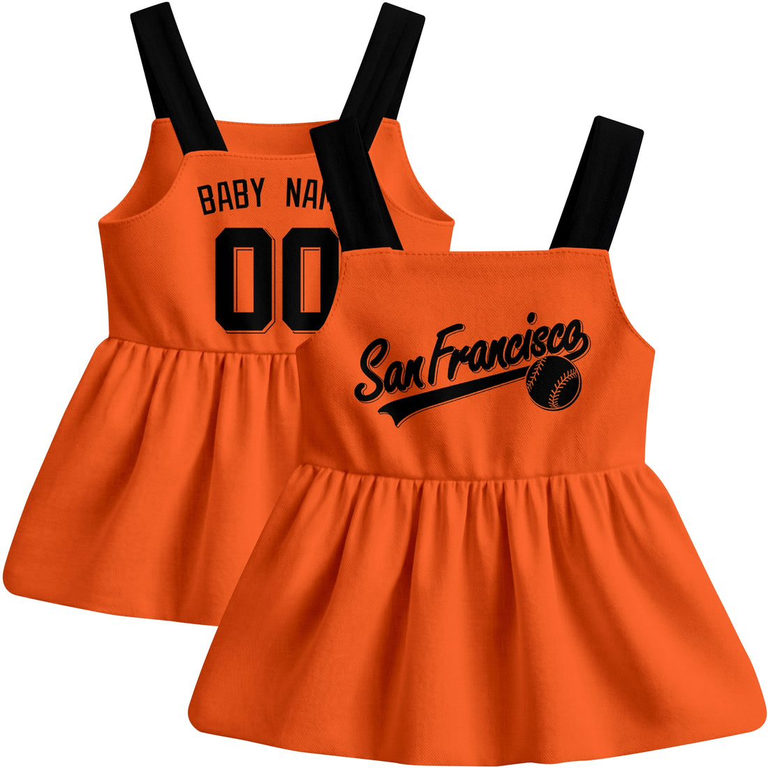 San Francisco-inspired baseball baby strap dress modeled in Black, with Black and Cream front designs shown