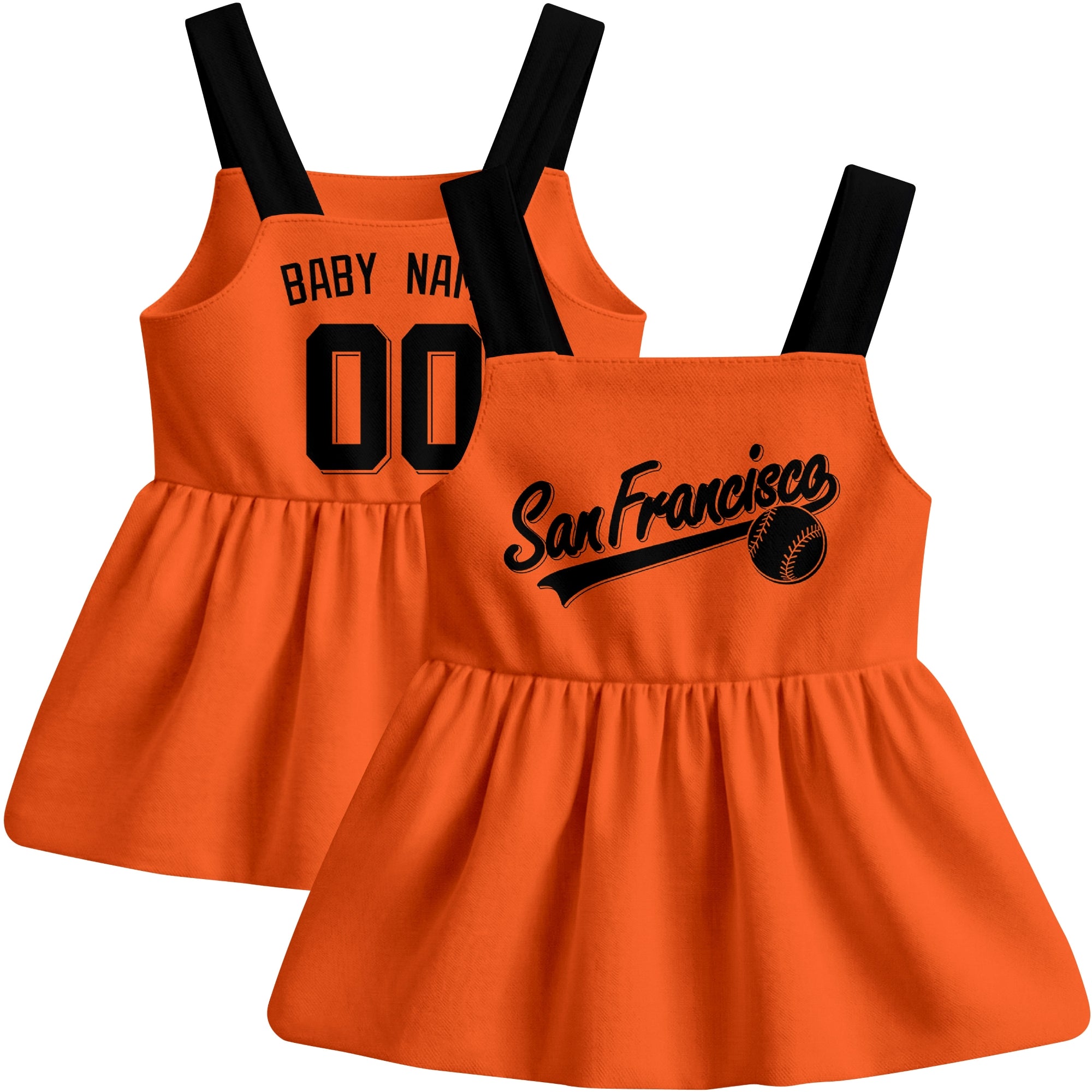 Orange San Francisco-inspired baseball baby strap dress front and back view with custom name and number