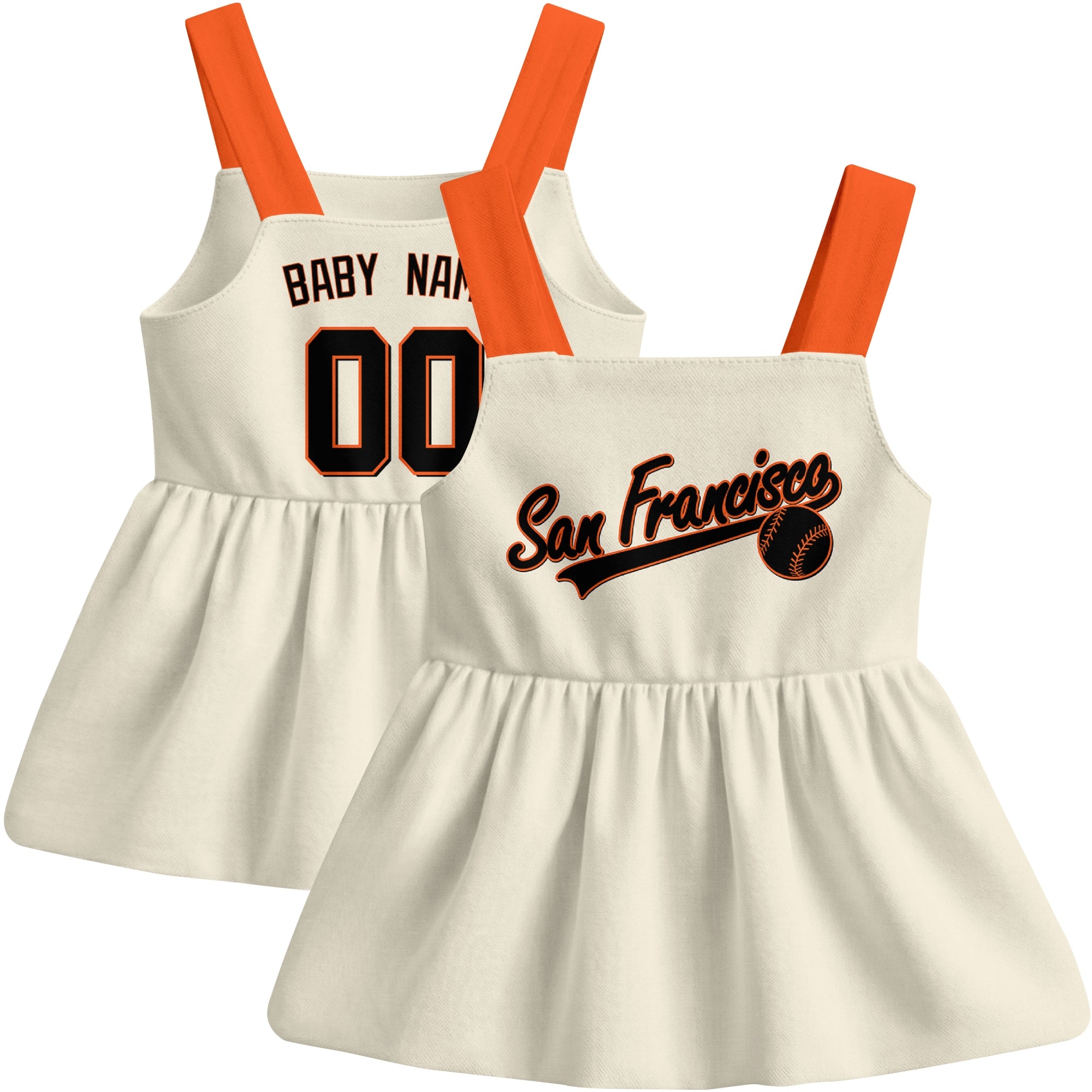 Cream San Francisco-inspired baseball baby strap dress front and back view with custom name and number