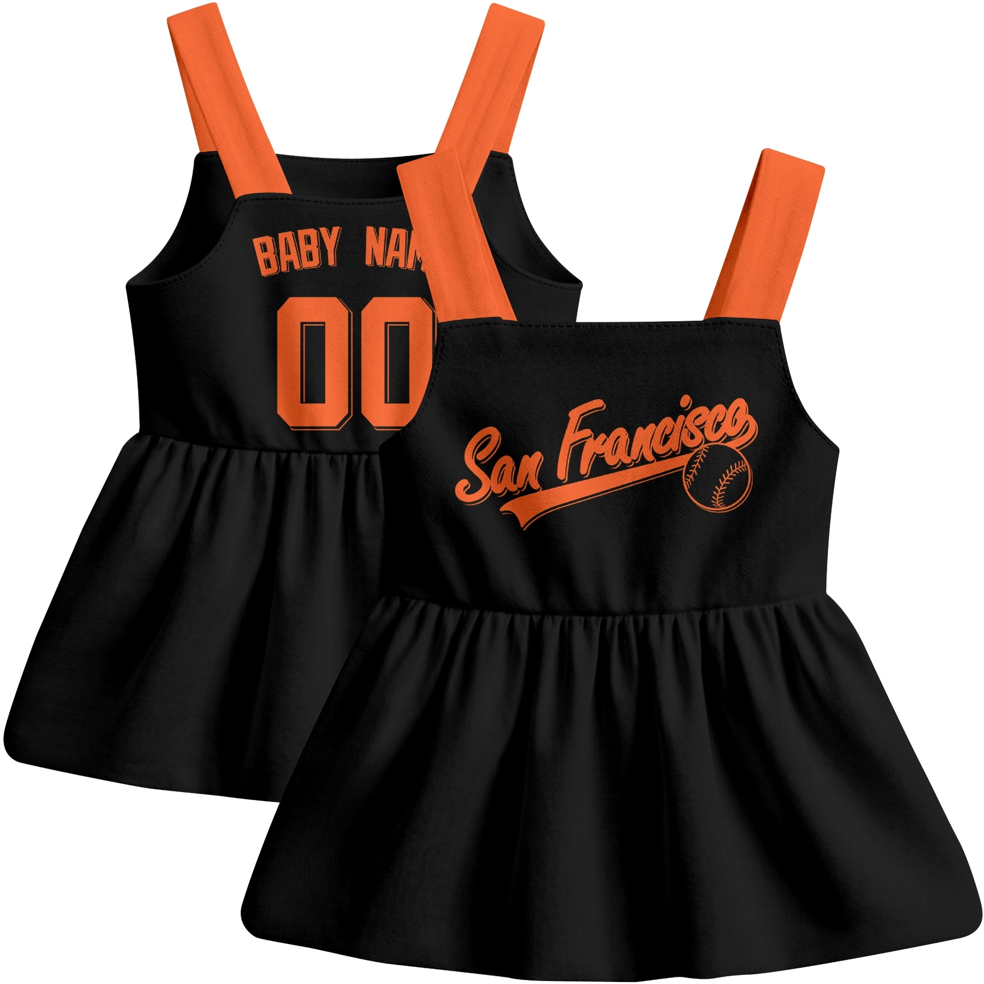 Black San Francisco-inspired baseball baby strap dress front and back view with custom name and number