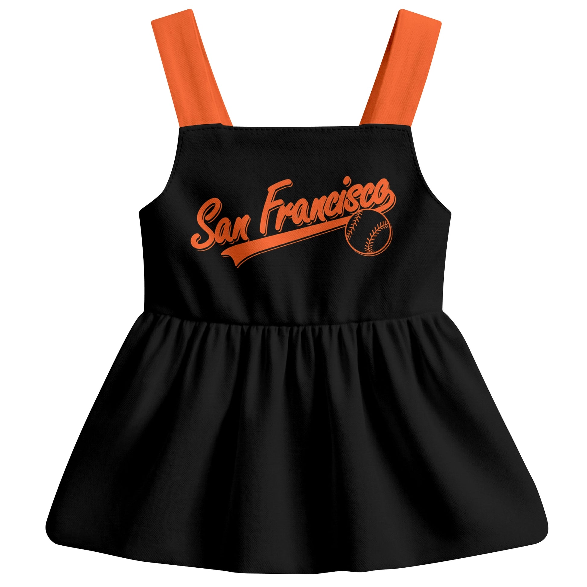 Black San Francisco-inspired baseball baby strap dress front view with bold baseball graphic