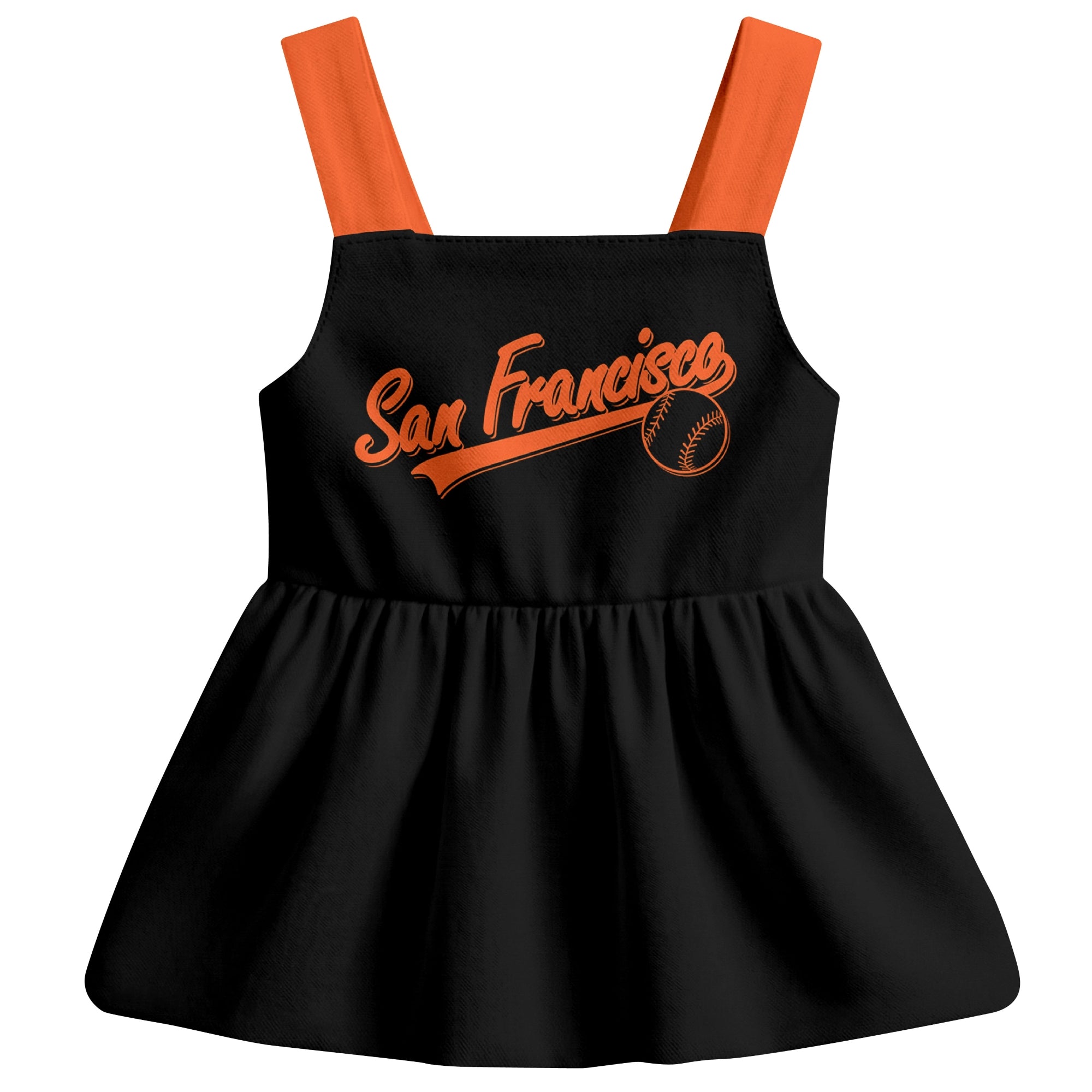 Black San Francisco-inspired baseball baby strap dress front view with bold baseball graphic