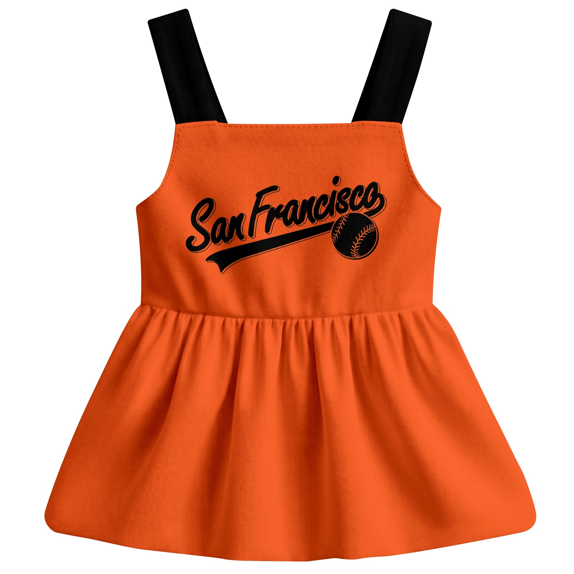 Orange San Francisco-inspired baseball baby strap dress front view with bold baseball graphic