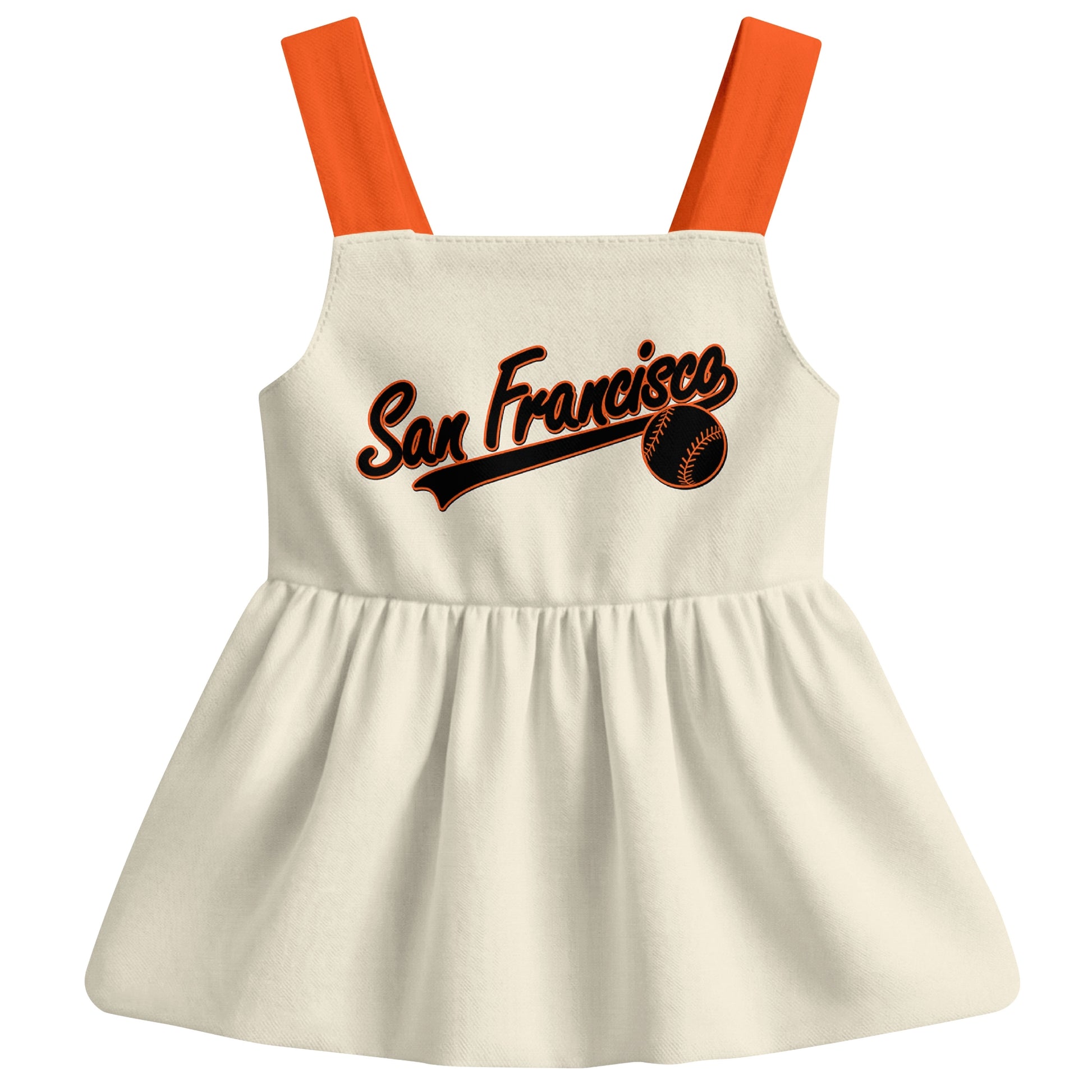 Cream San Francisco-inspired baseball baby strap dress front view with bold baseball graphic