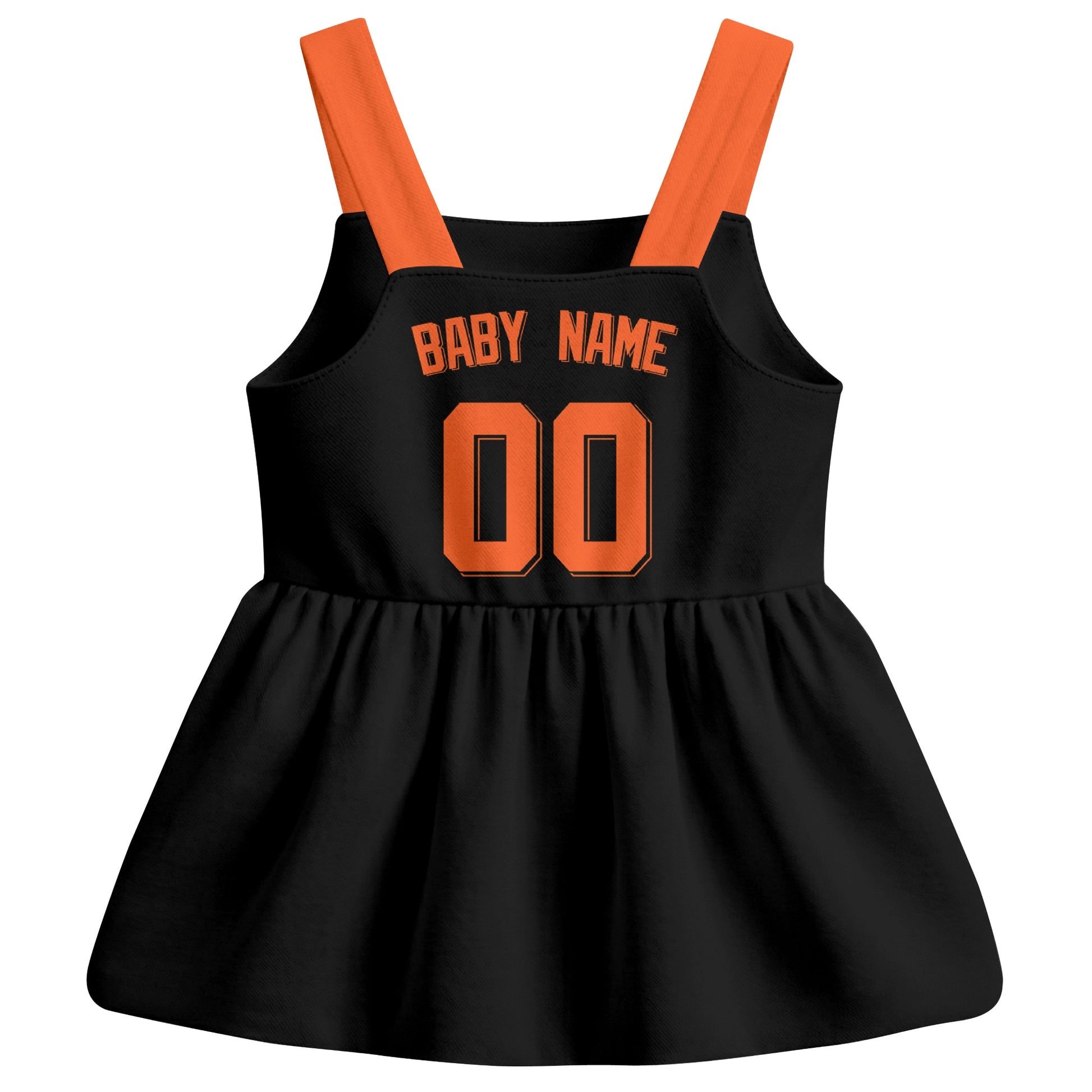 Black San Francisco-inspired baseball baby strap dress back view with custom baby name and number