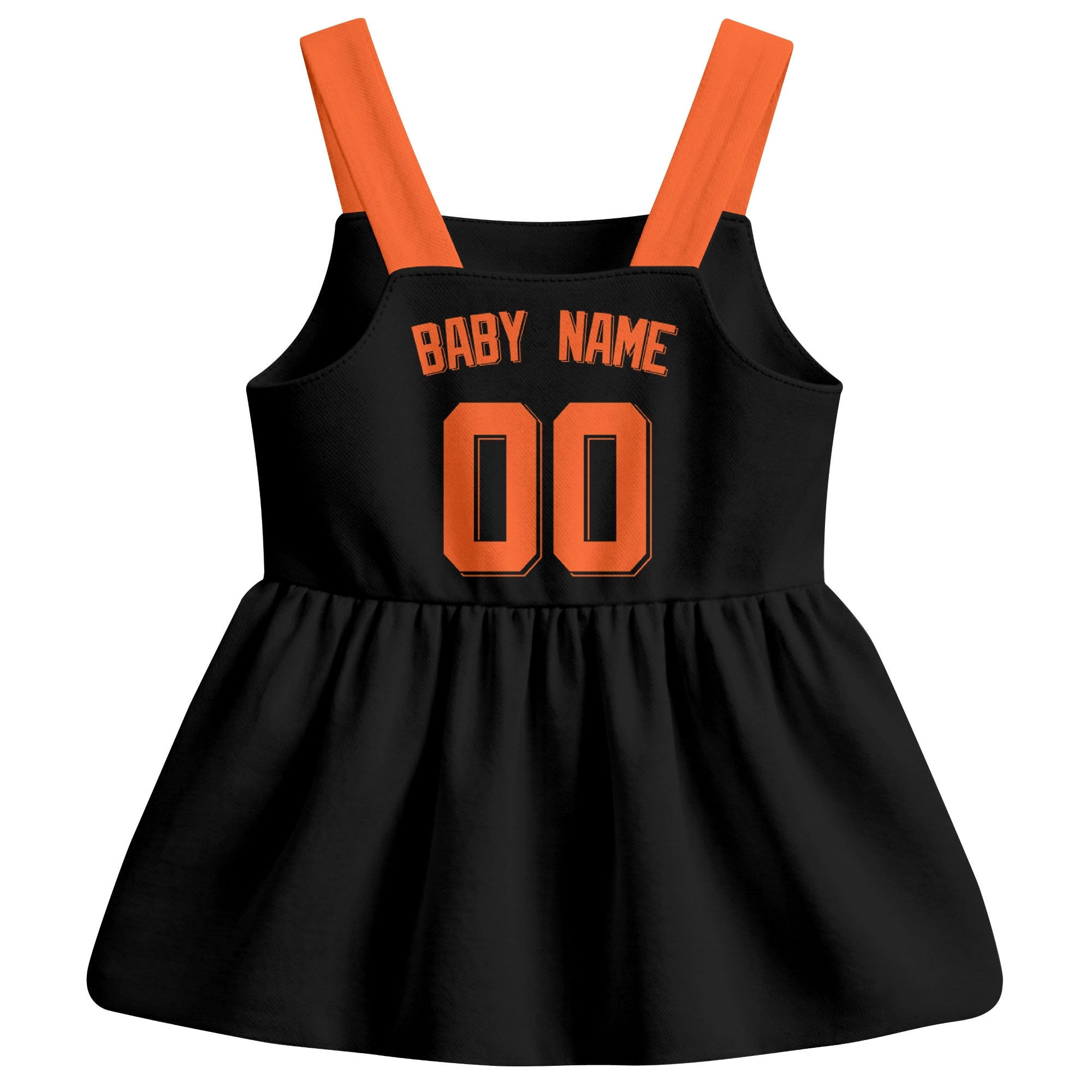 Black San Francisco-inspired baseball baby strap dress back view with custom baby name and number