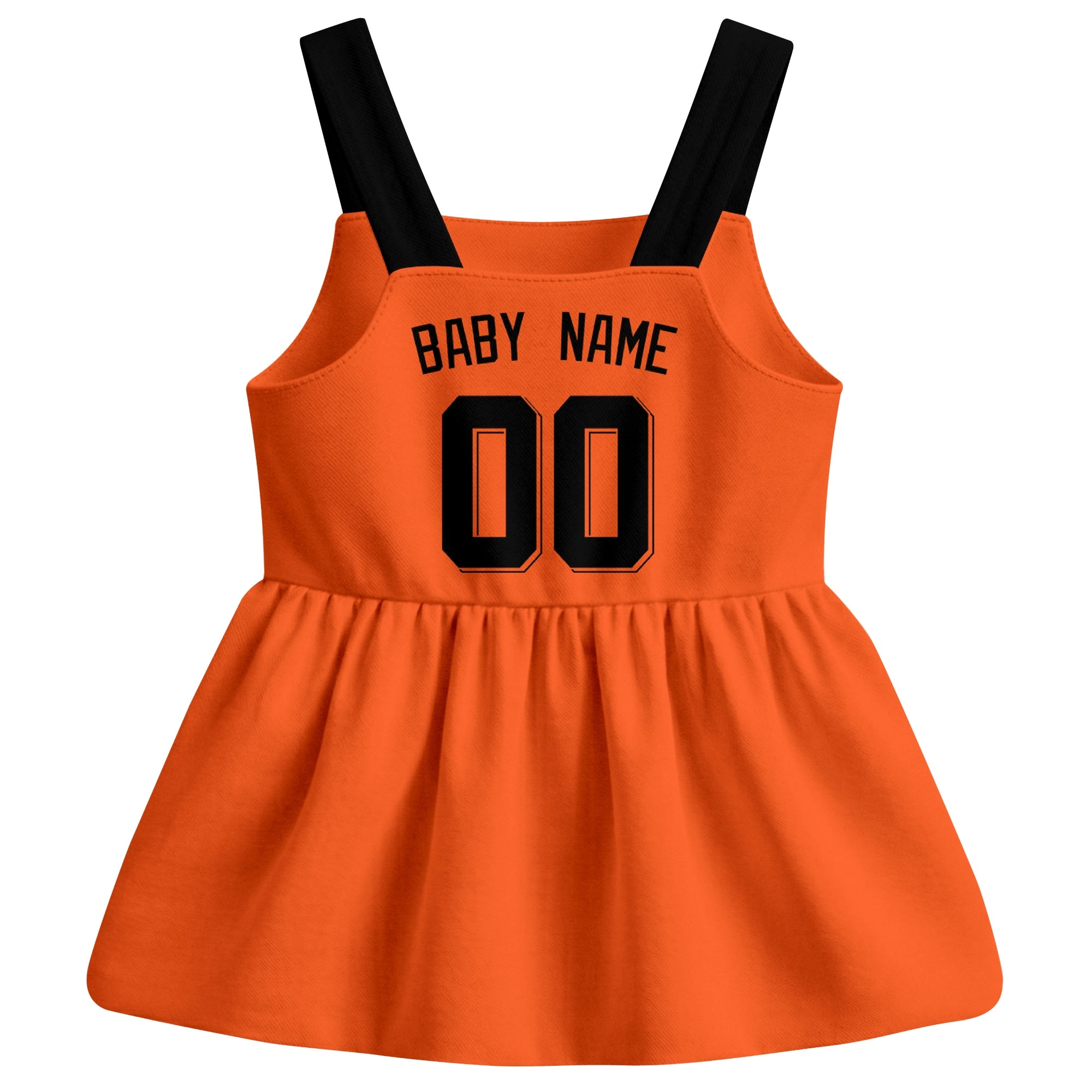 Orange San Francisco-inspired baseball baby strap dress back view with custom baby name and number
