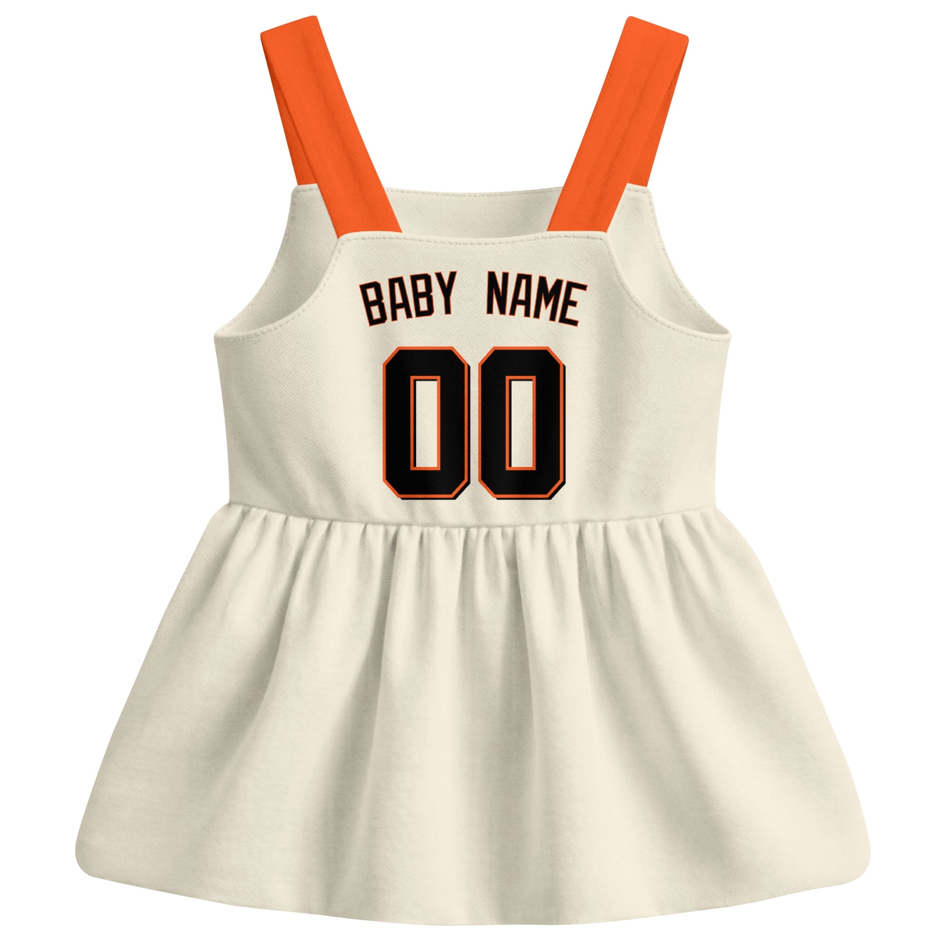 Cream San Francisco-inspired baseball baby strap dress back view with custom baby name and number