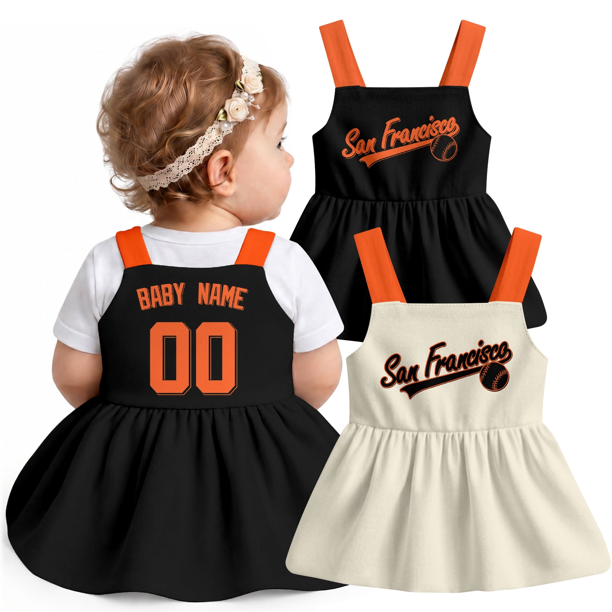 San Francisco-inspired baseball baby strap dress modeled in Black, with Black and Cream front designs shown