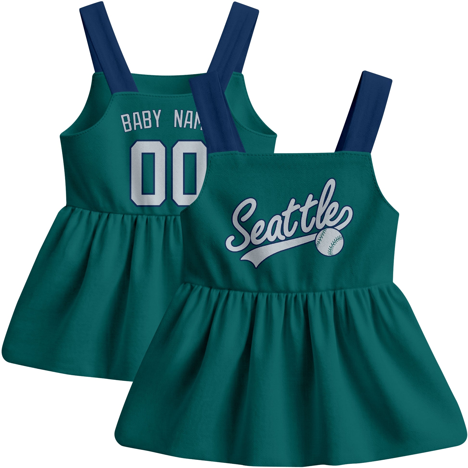 Teal Seattle-inspired baseball baby strap dress front and back view with custom name and number
