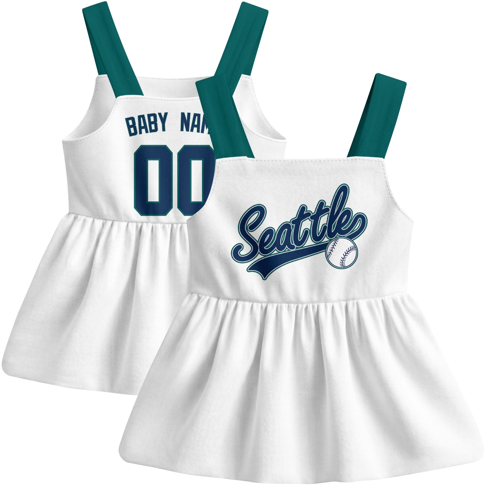 White Seattle-inspired baseball baby strap dress front and back view with custom name and number