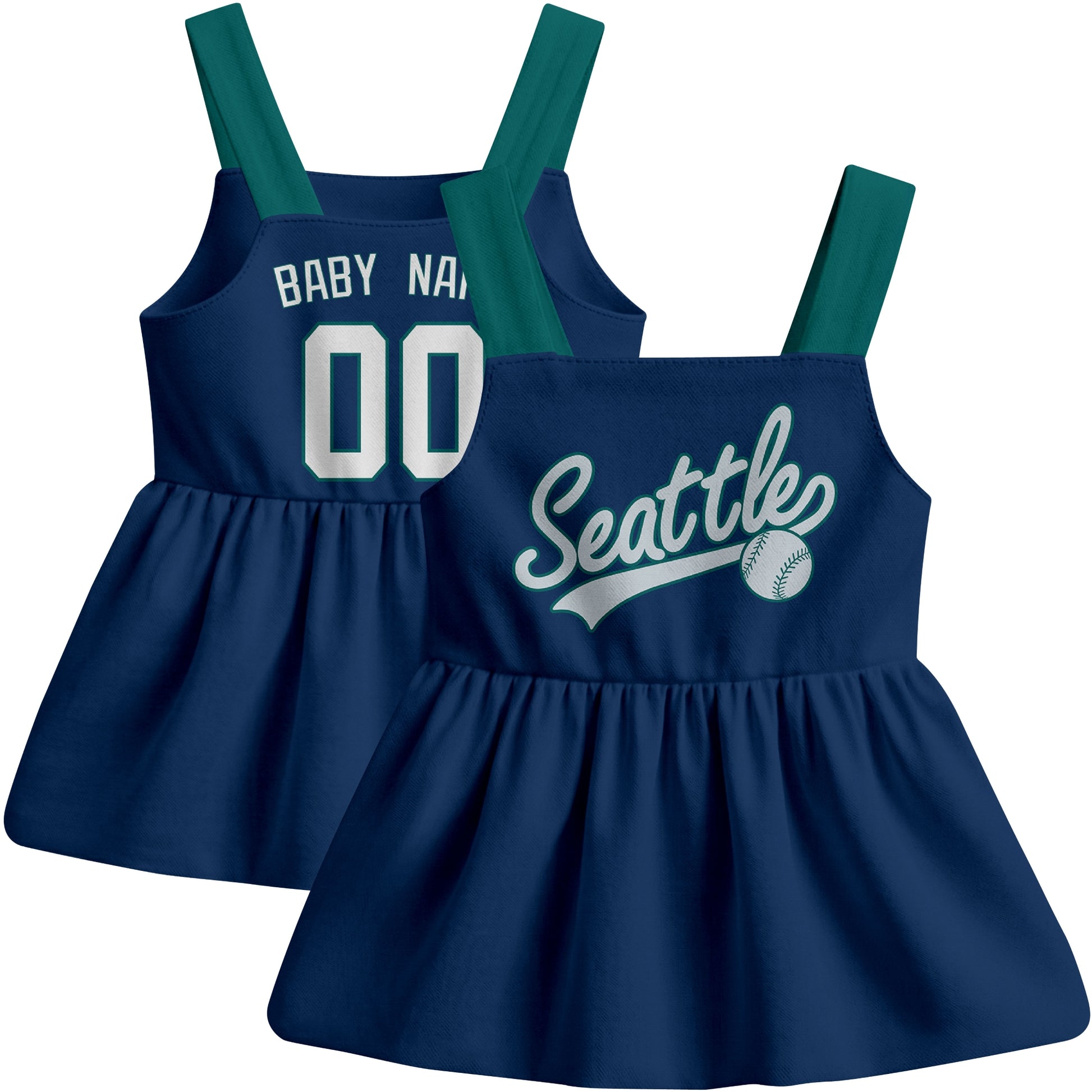 Navy Seattle-inspired baseball baby strap dress front and back view with custom name and number