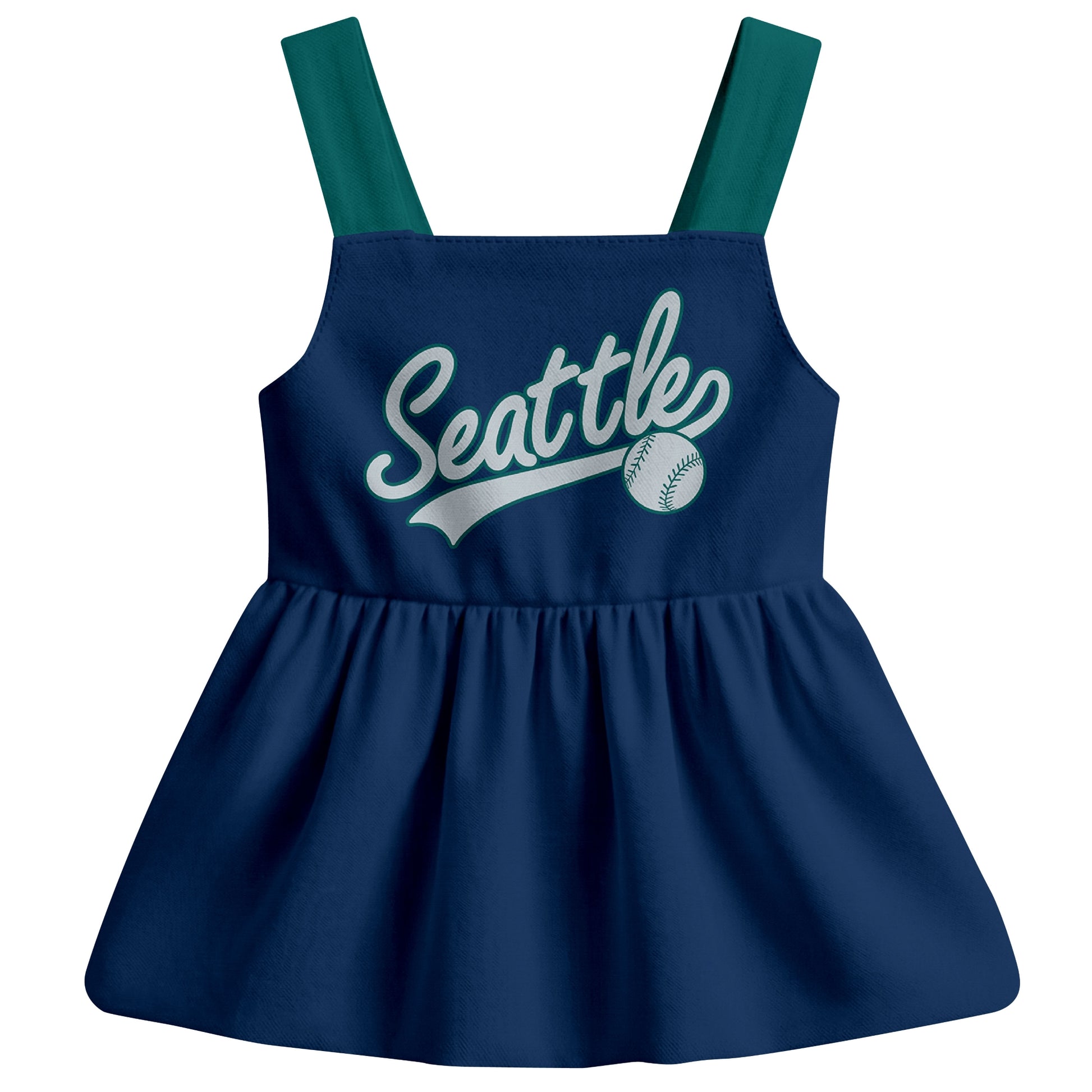 Navy Seattle-inspired baseball baby strap dress front view with bold baseball graphic
