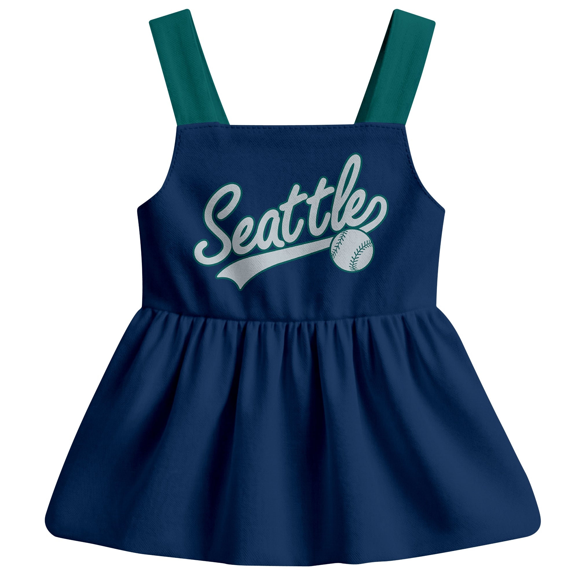 Navy Seattle-inspired baseball baby strap dress front view with bold baseball graphic
