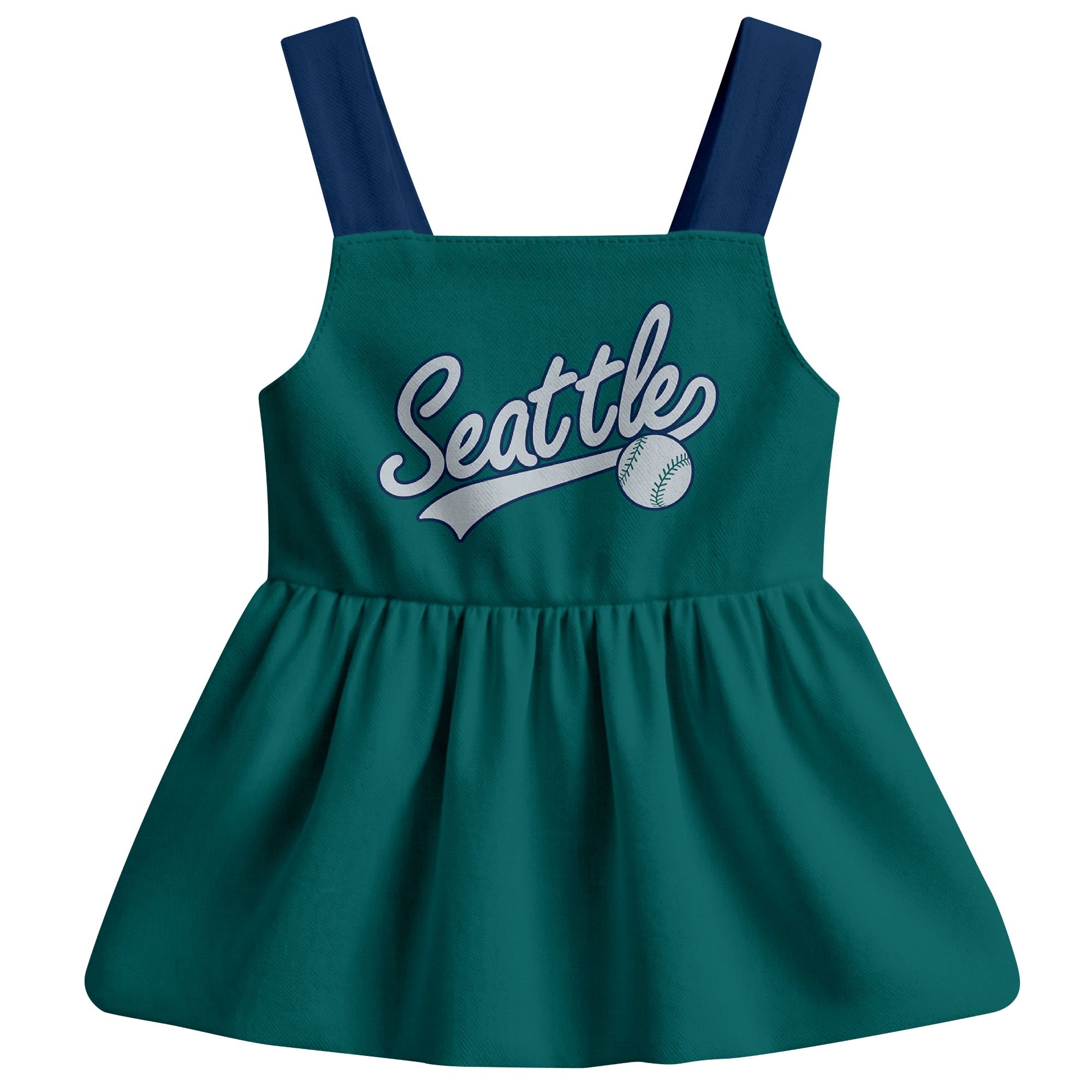 Teal Seattle-inspired baseball baby strap dress front view with bold baseball graphic
