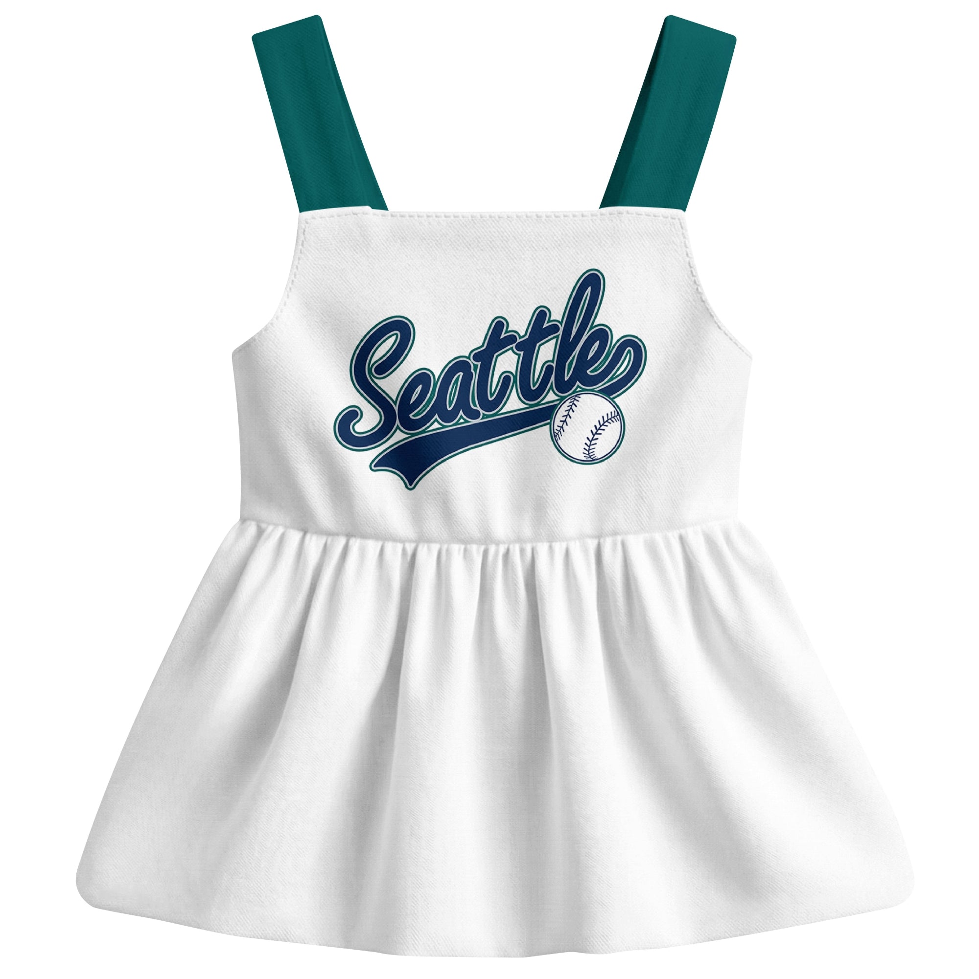 White Seattle-inspired baseball baby strap dress front view with bold baseball graphic