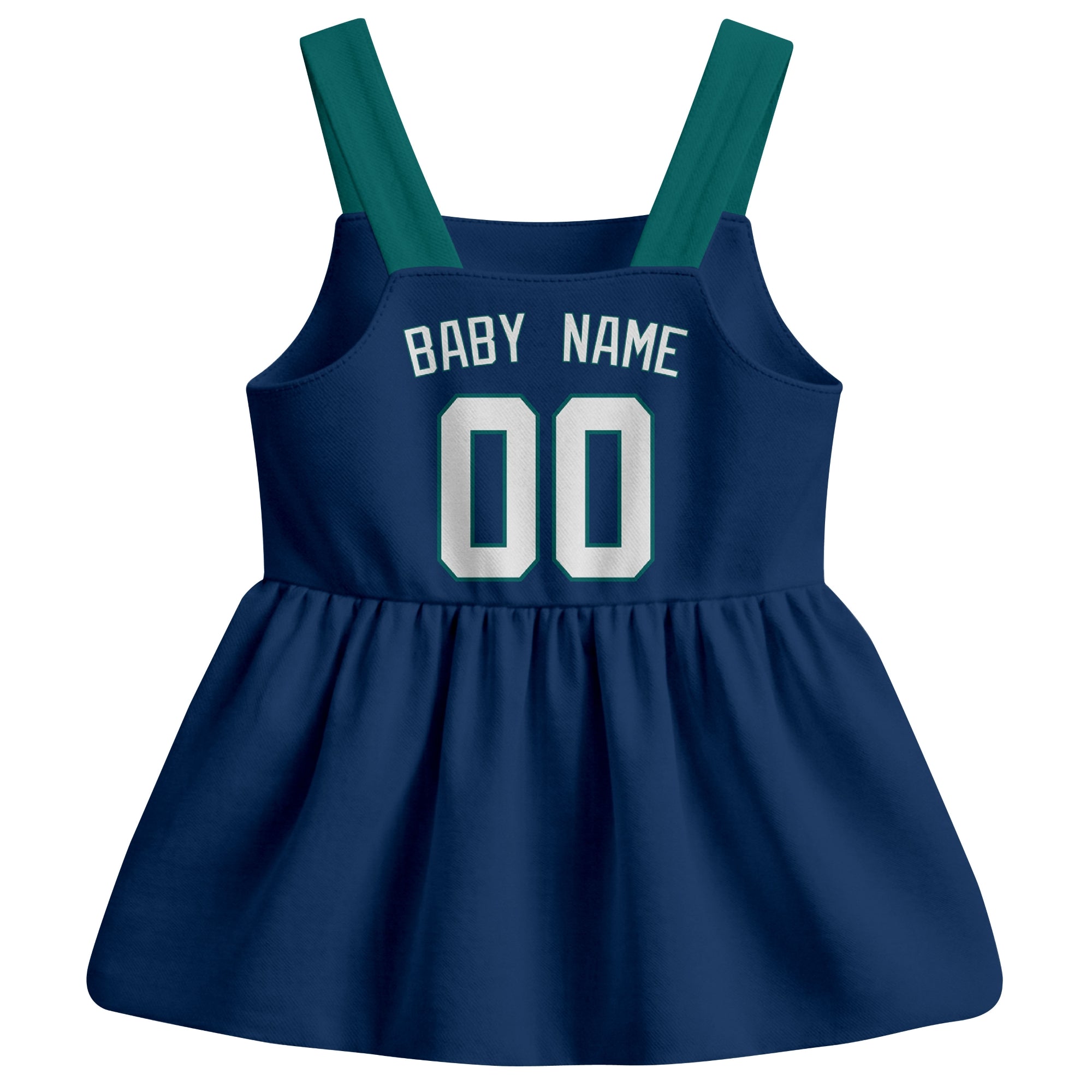 Navy Seattle-inspired baseball baby strap dress back view with custom baby name and number