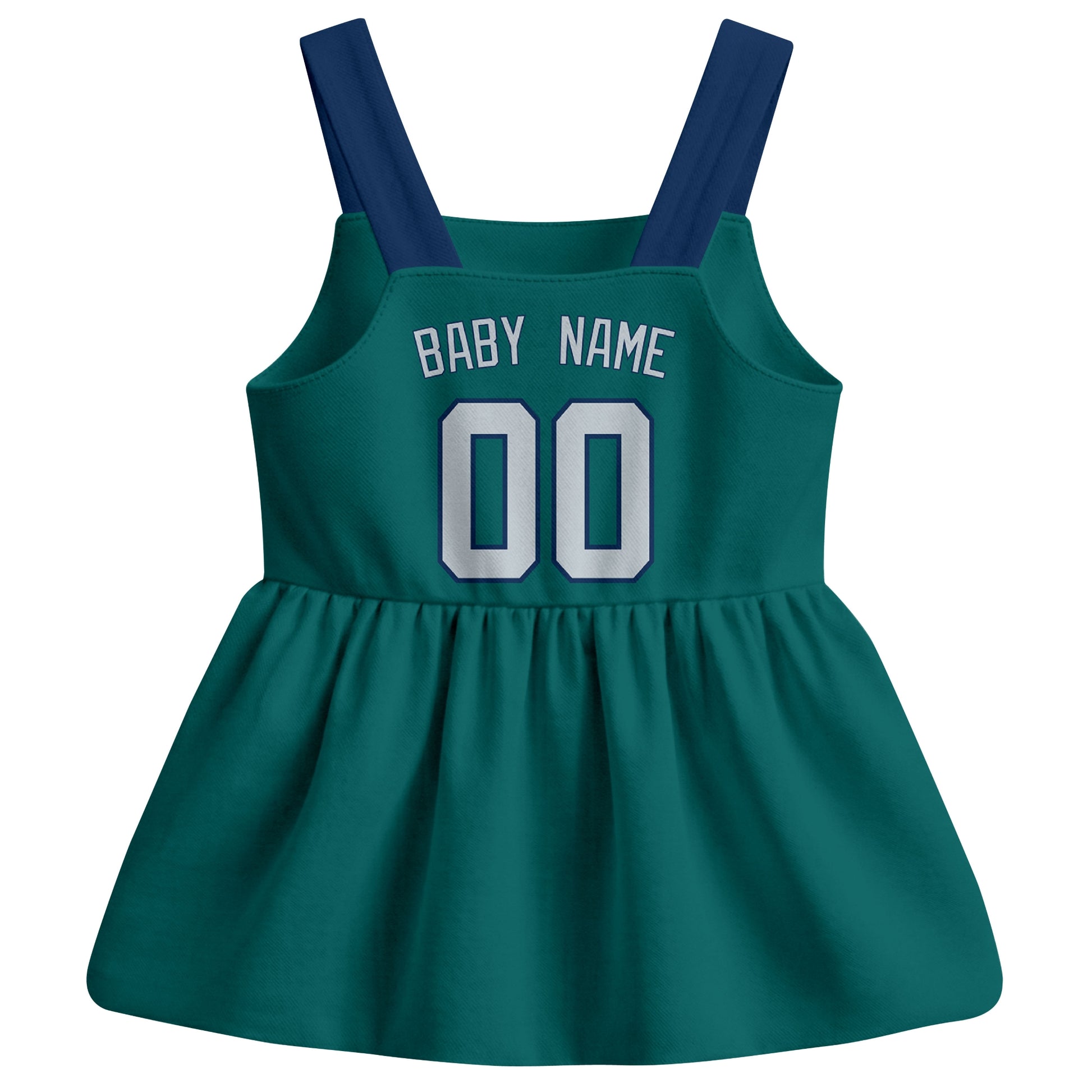 Teal Seattle-inspired baseball baby strap dress back view with custom baby name and number