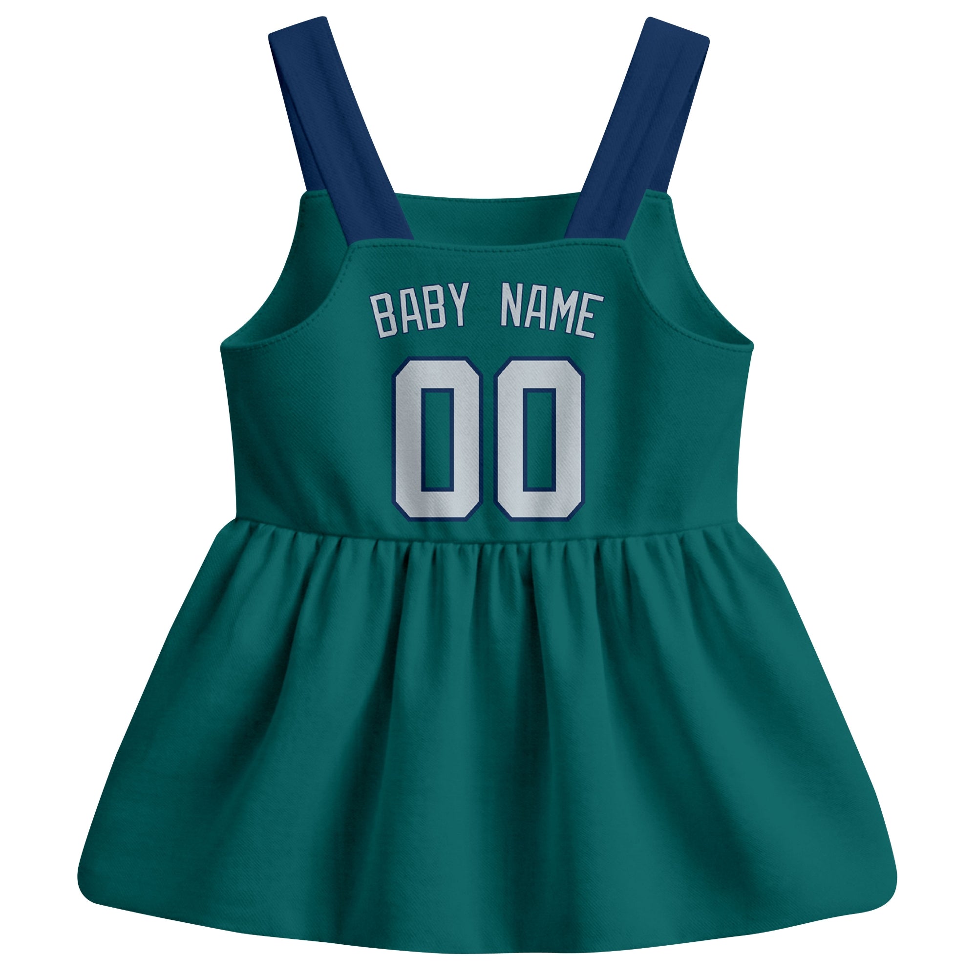 Teal Seattle-inspired baseball baby strap dress back view with custom baby name and number