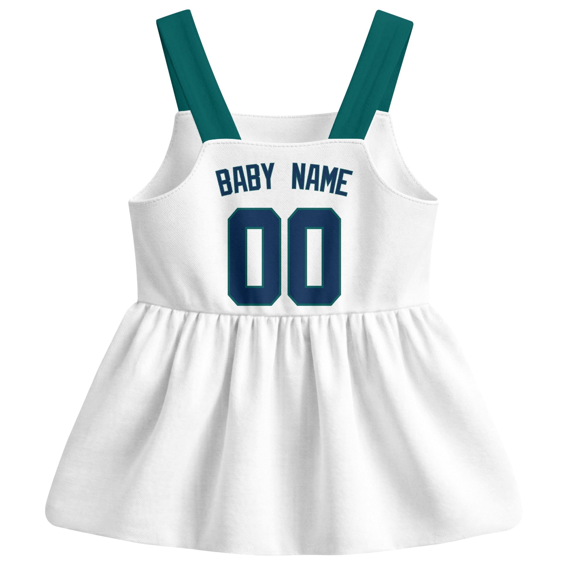 White Seattle-inspired baseball baby strap dress back view with custom baby name and number