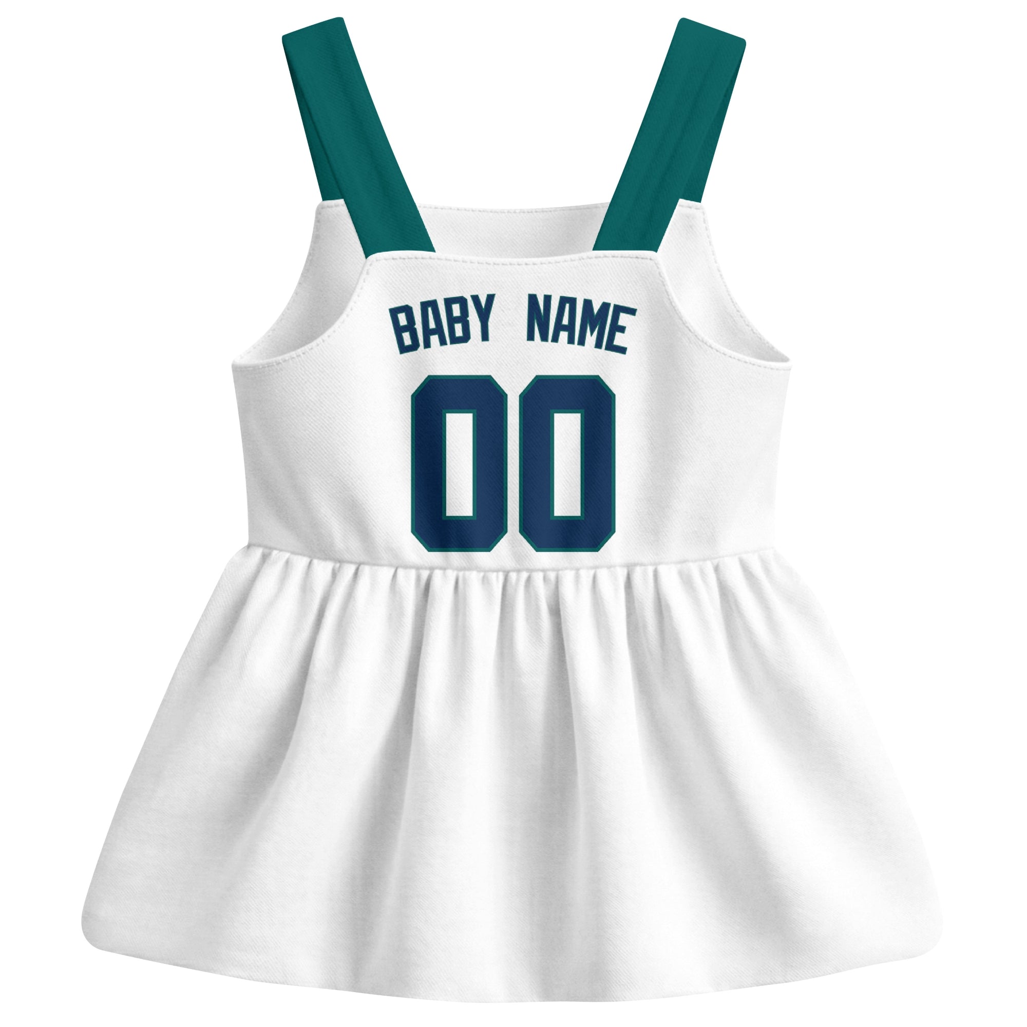White Seattle-inspired baseball baby strap dress back view with custom baby name and number