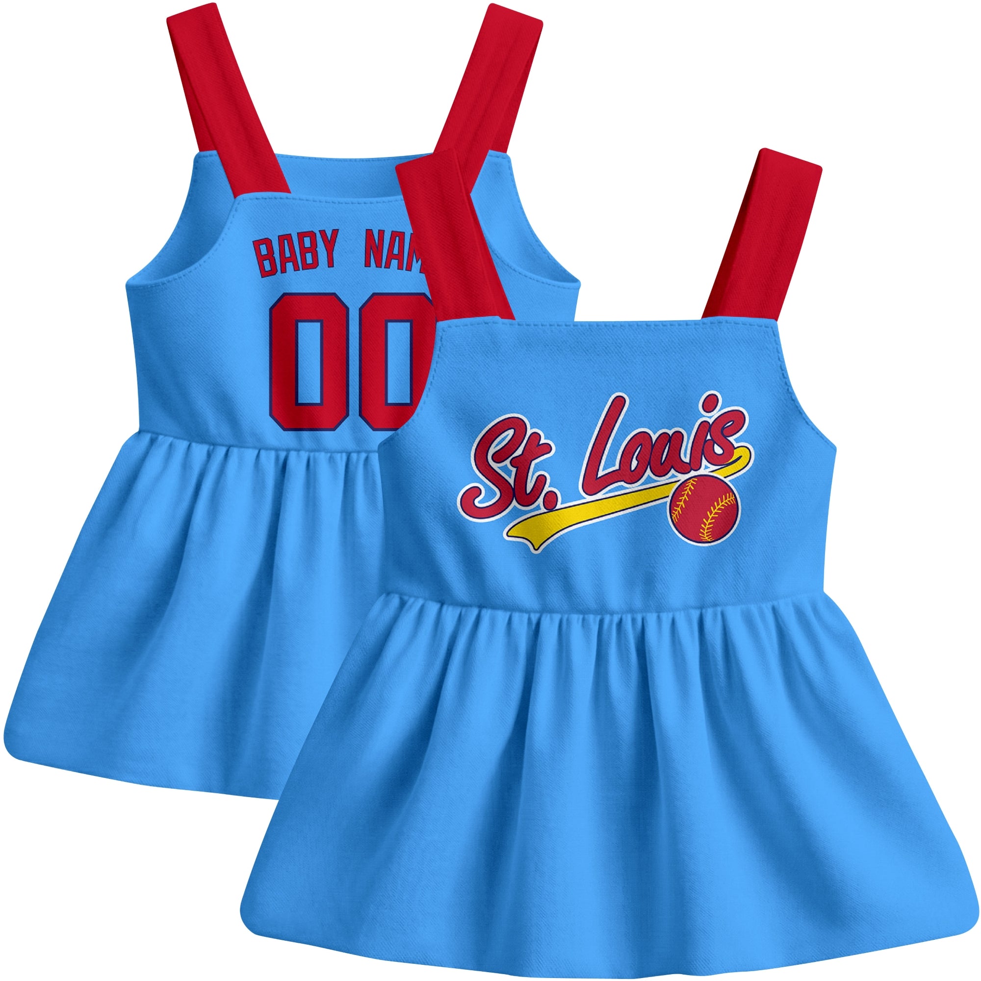 Light Blue St. Louis-inspired baseball baby strap dress front and back view with custom name and number