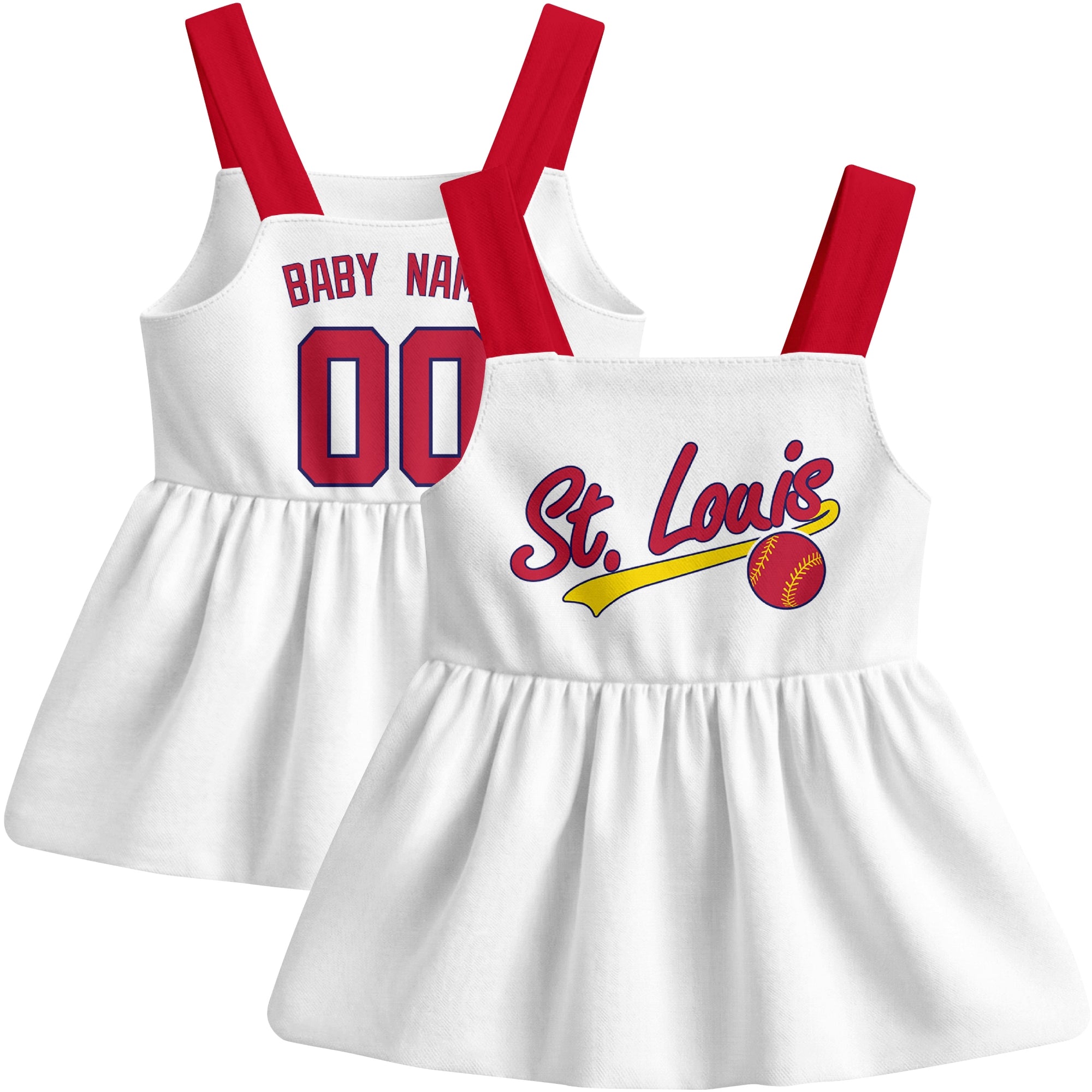 White St. Louis-inspired baseball baby strap dress front and back view with custom name and number