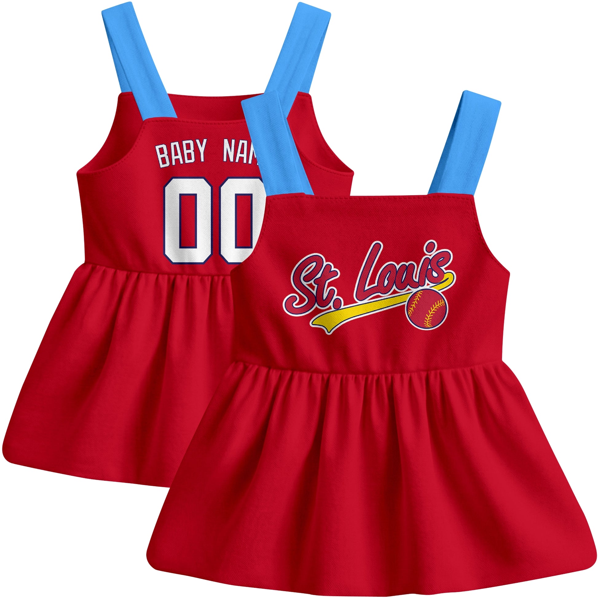 Red St. Louis-inspired baseball baby strap dress front and back view with custom name and number