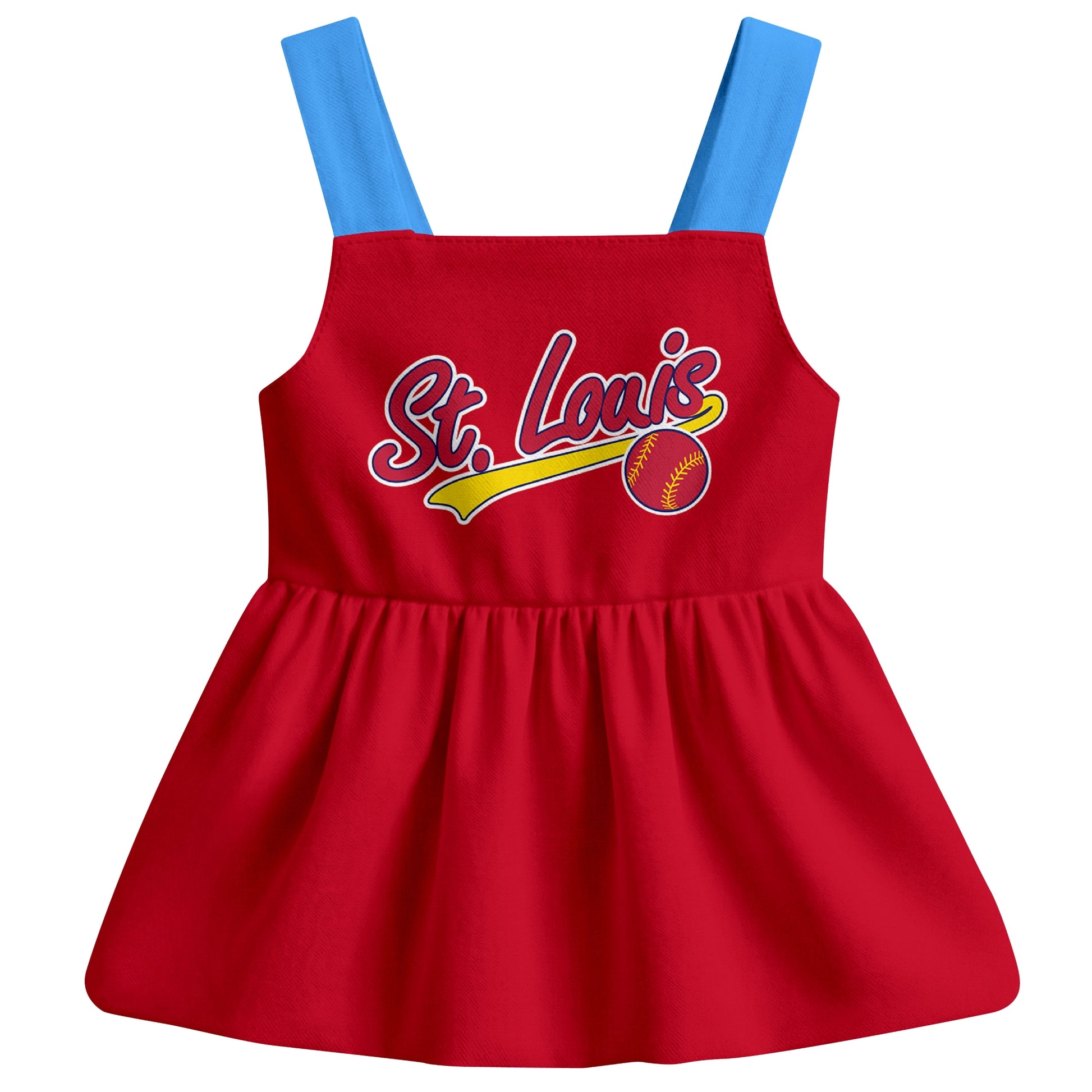 Red St. Louis-inspired baseball baby strap dress front view with bold baseball graphic