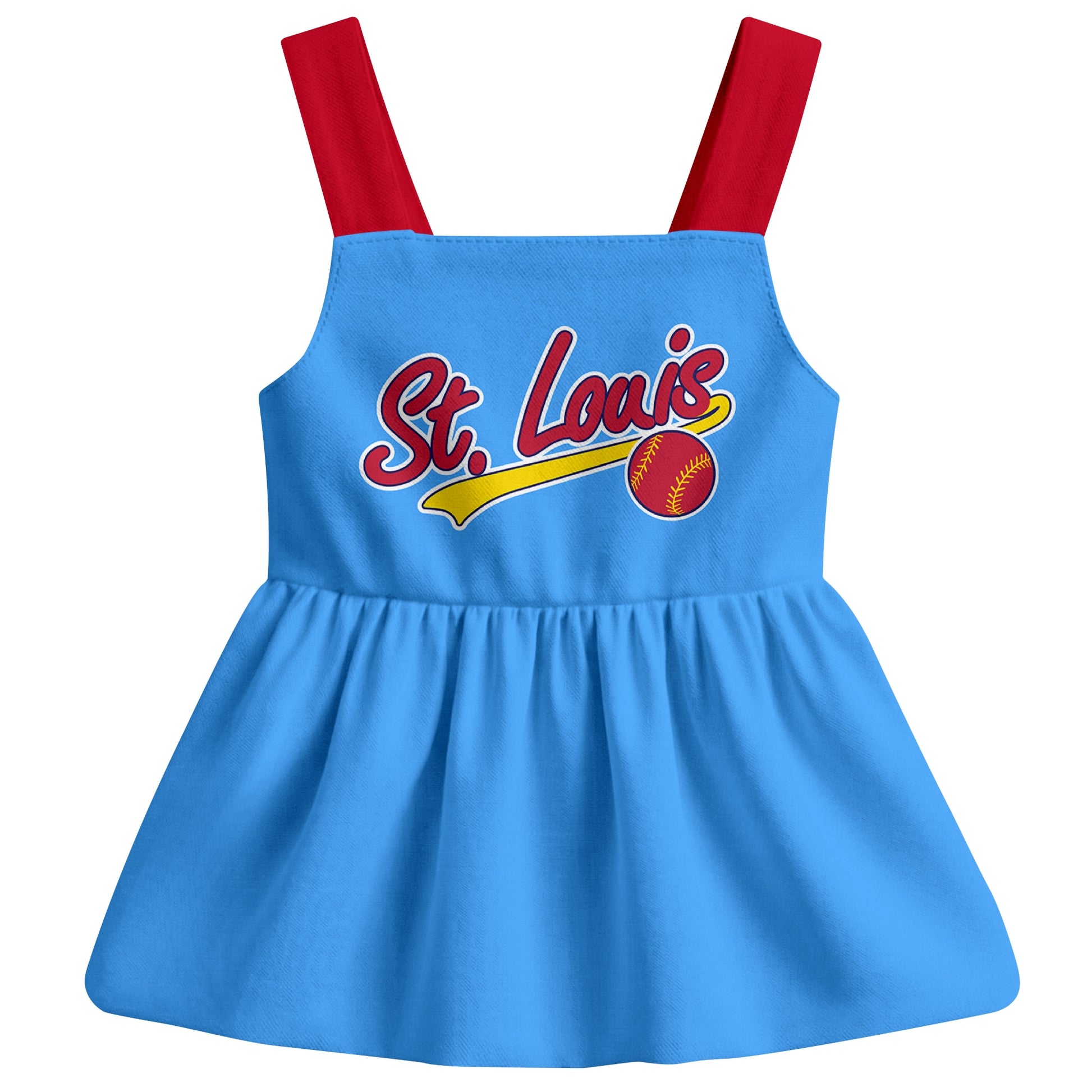 Light Blue St. Louis-inspired baseball baby strap dress front view with bold baseball graphic