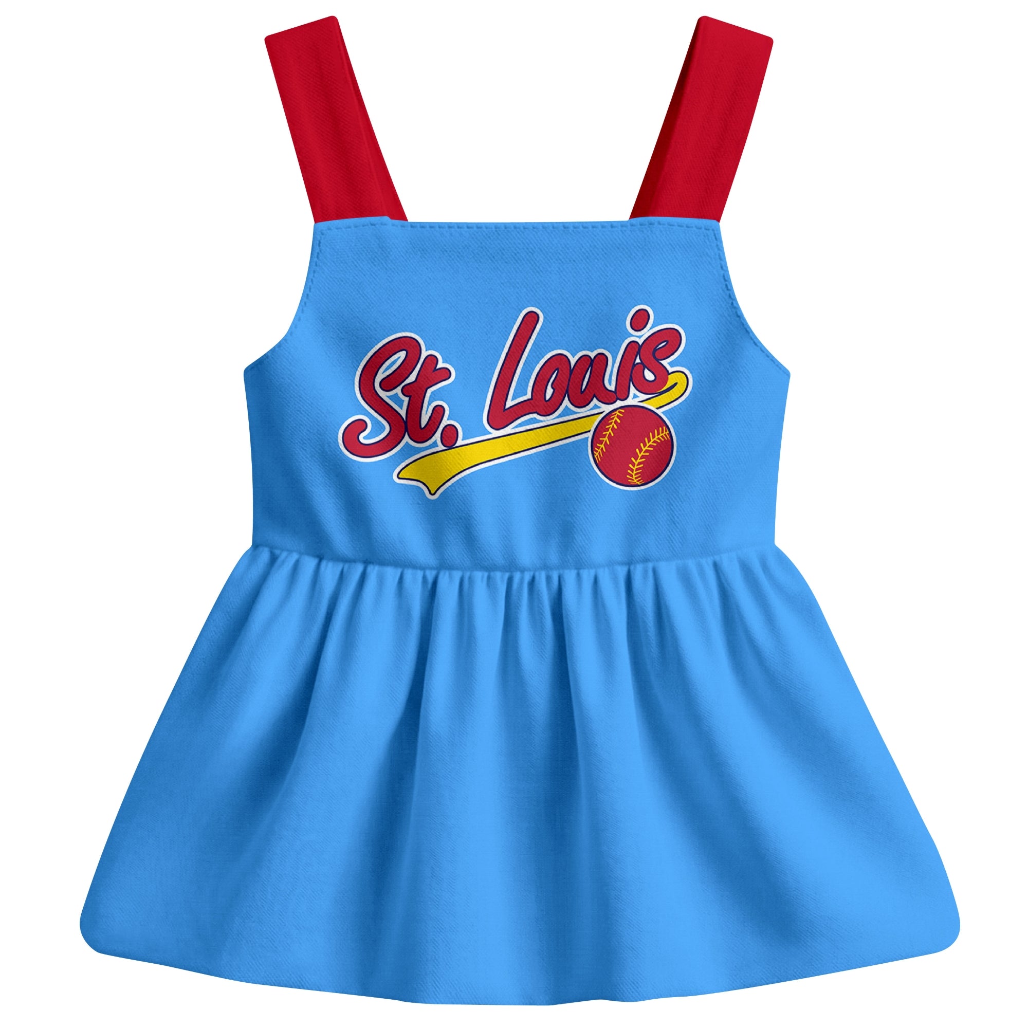 Light Blue St. Louis-inspired baseball baby strap dress front view with bold baseball graphic