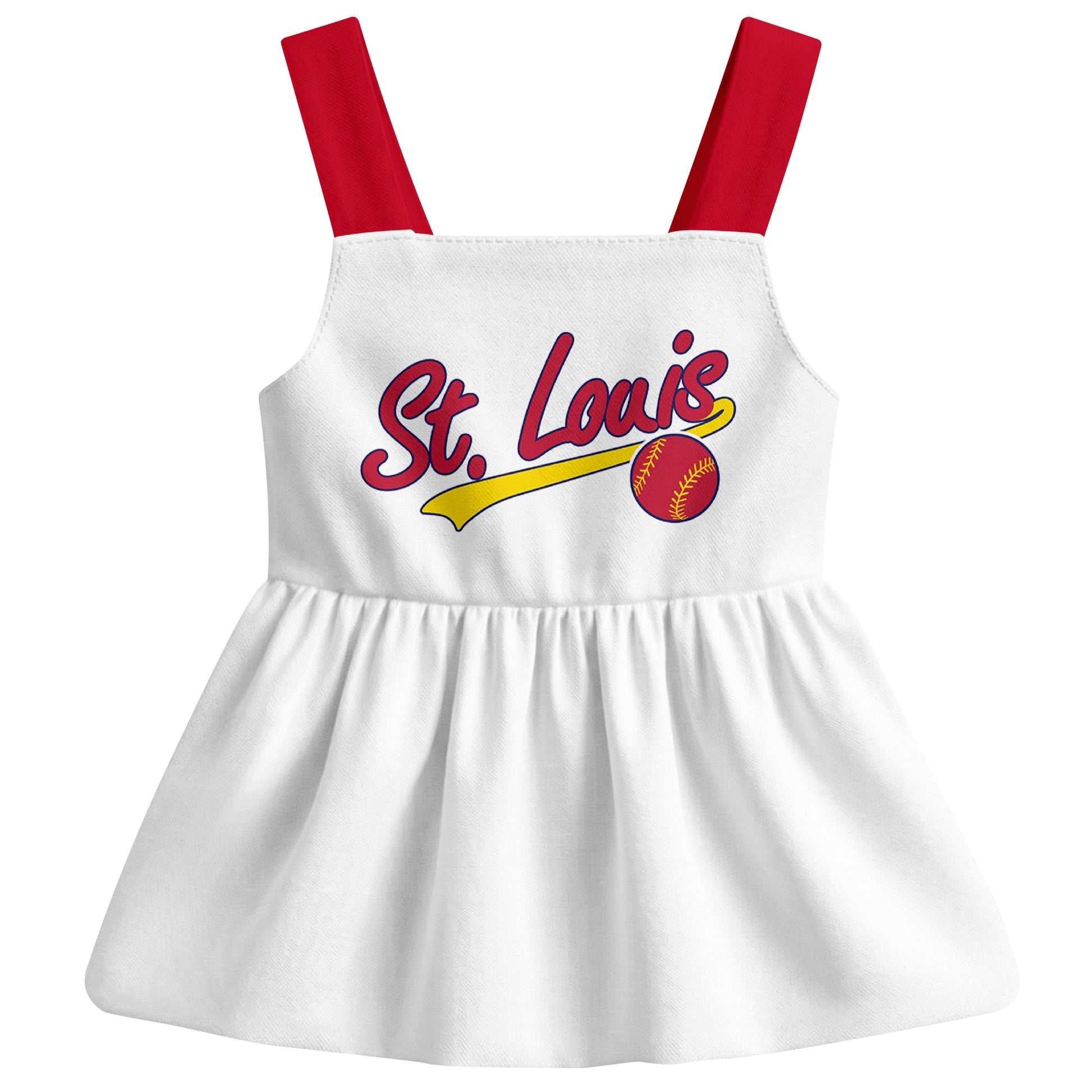 White St. Louis-inspired baseball baby strap dress front view with bold baseball graphic