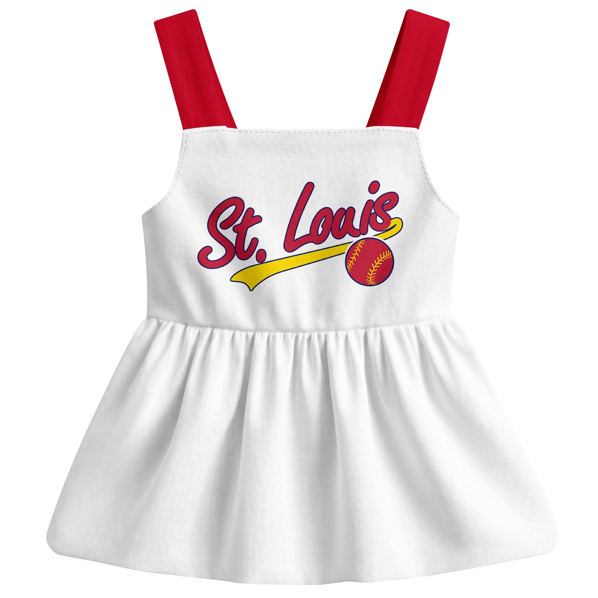 White St. Louis-inspired baseball baby strap dress front view with bold baseball graphic