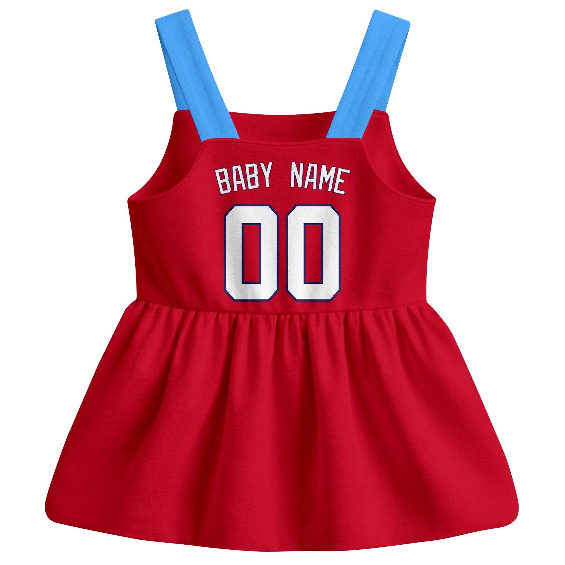 Red St. Louis-inspired baseball baby strap dress back view with custom baby name and number