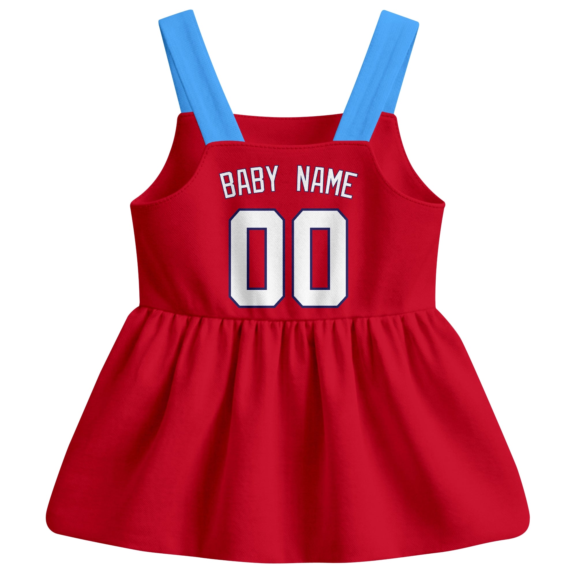 Red St. Louis-inspired baseball baby strap dress back view with custom baby name and number