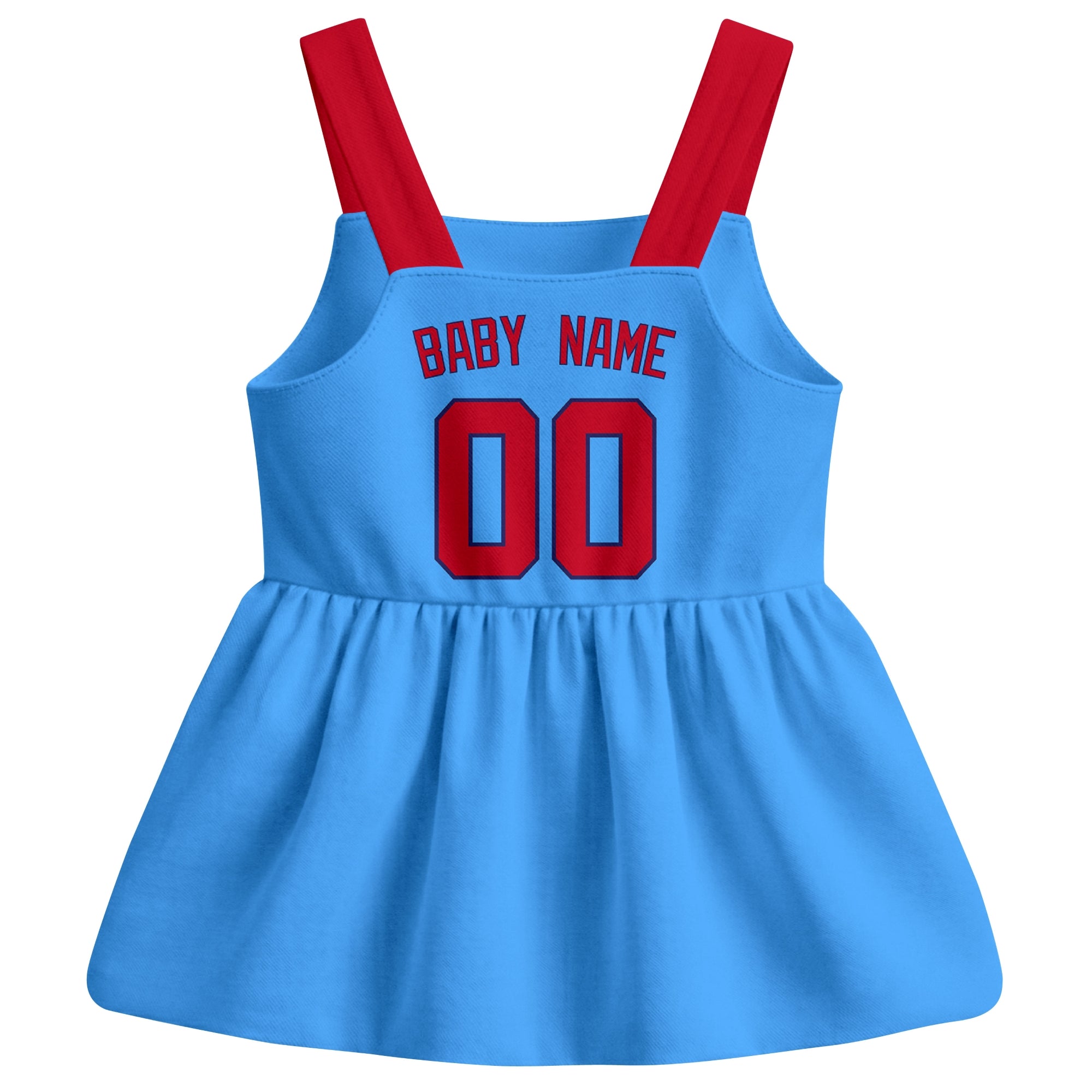 Light Blue St. Louis-inspired baseball baby strap dress back view with custom baby name and number