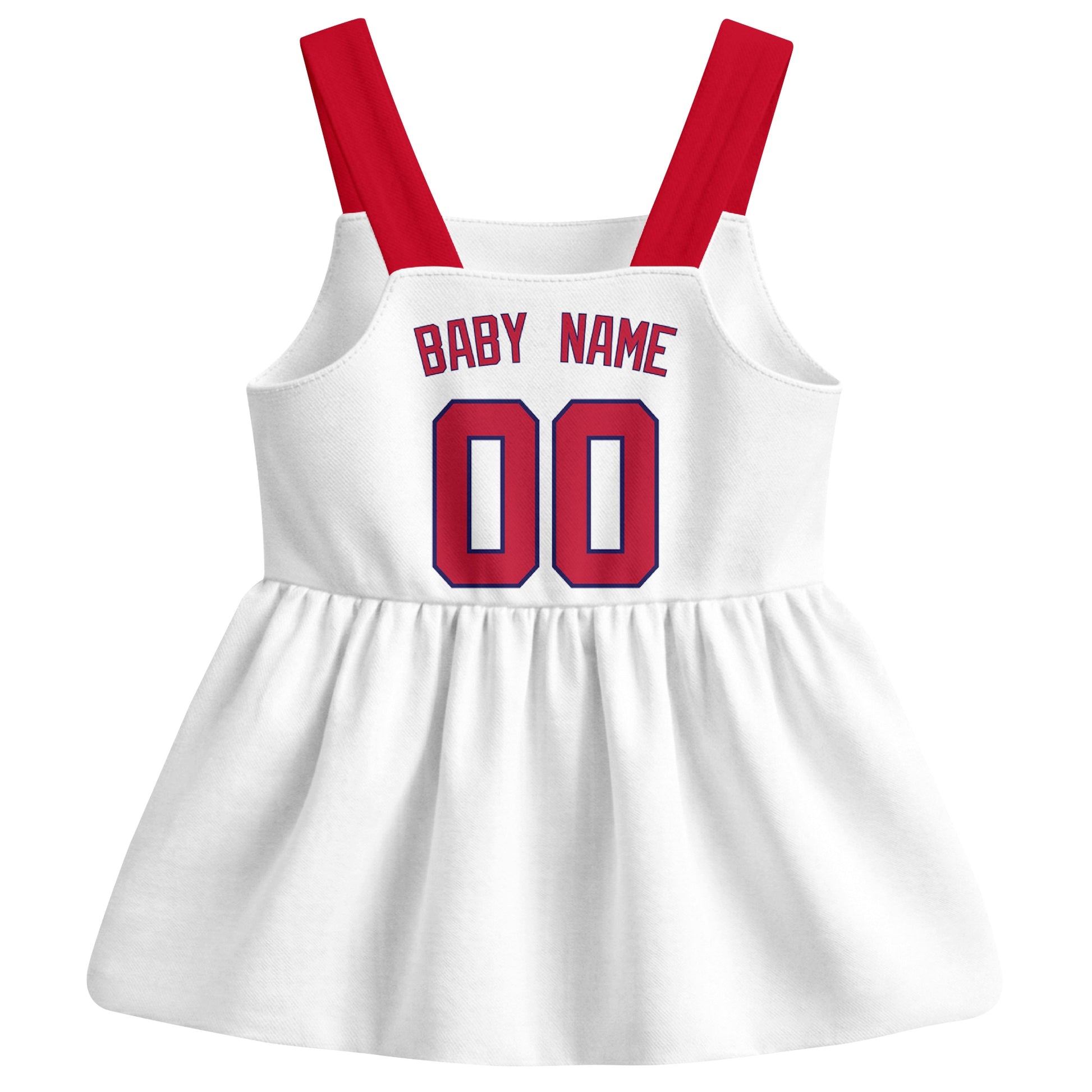 White St. Louis-inspired baseball baby strap dress back view with custom baby name and number