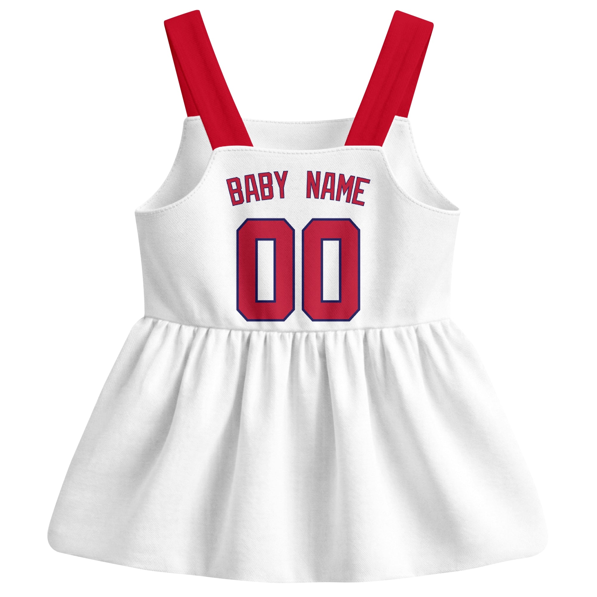 White St. Louis-inspired baseball baby strap dress back view with custom baby name and number
