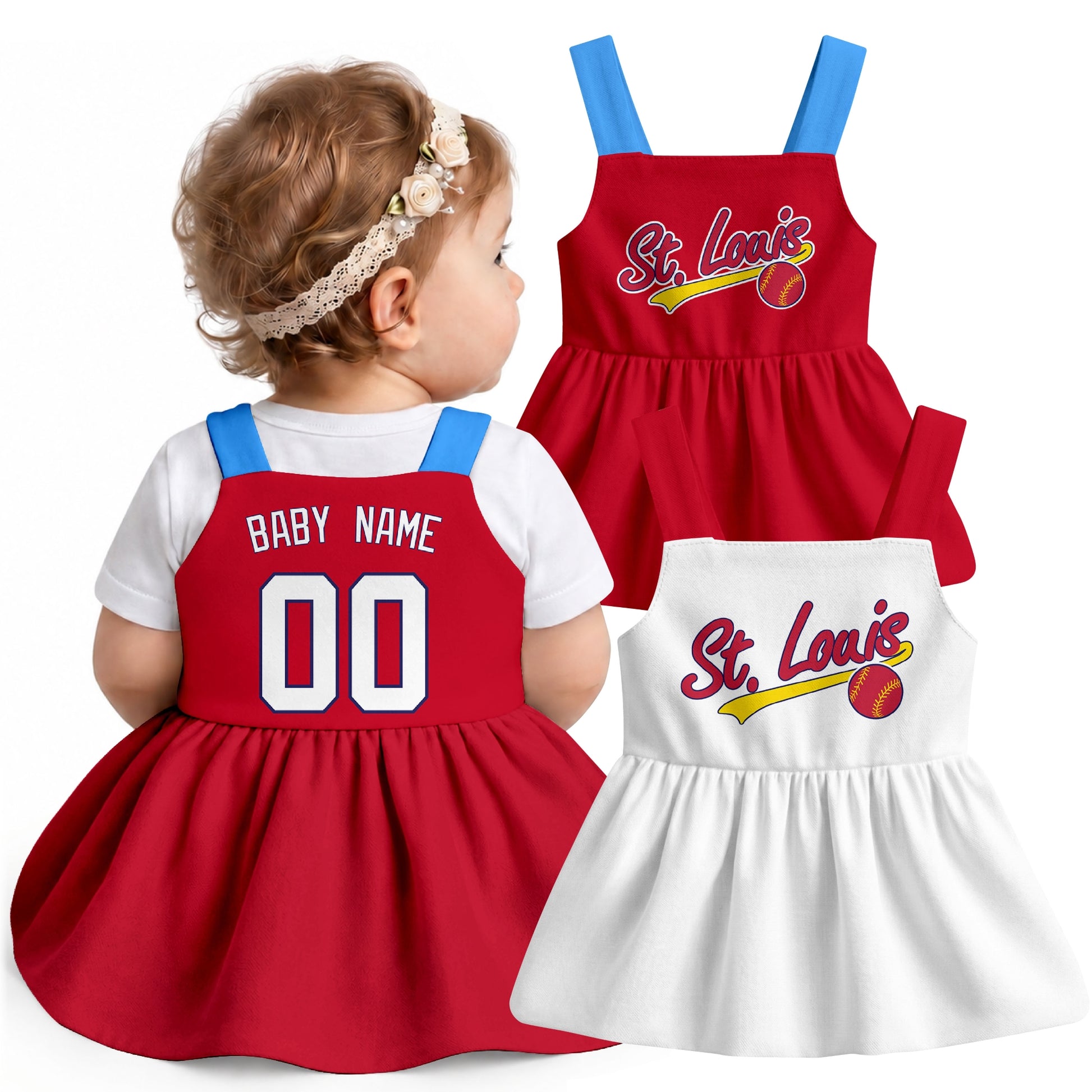 St. Louis-inspired baseball baby strap dress modeled in Red, with Red and White front designs shown