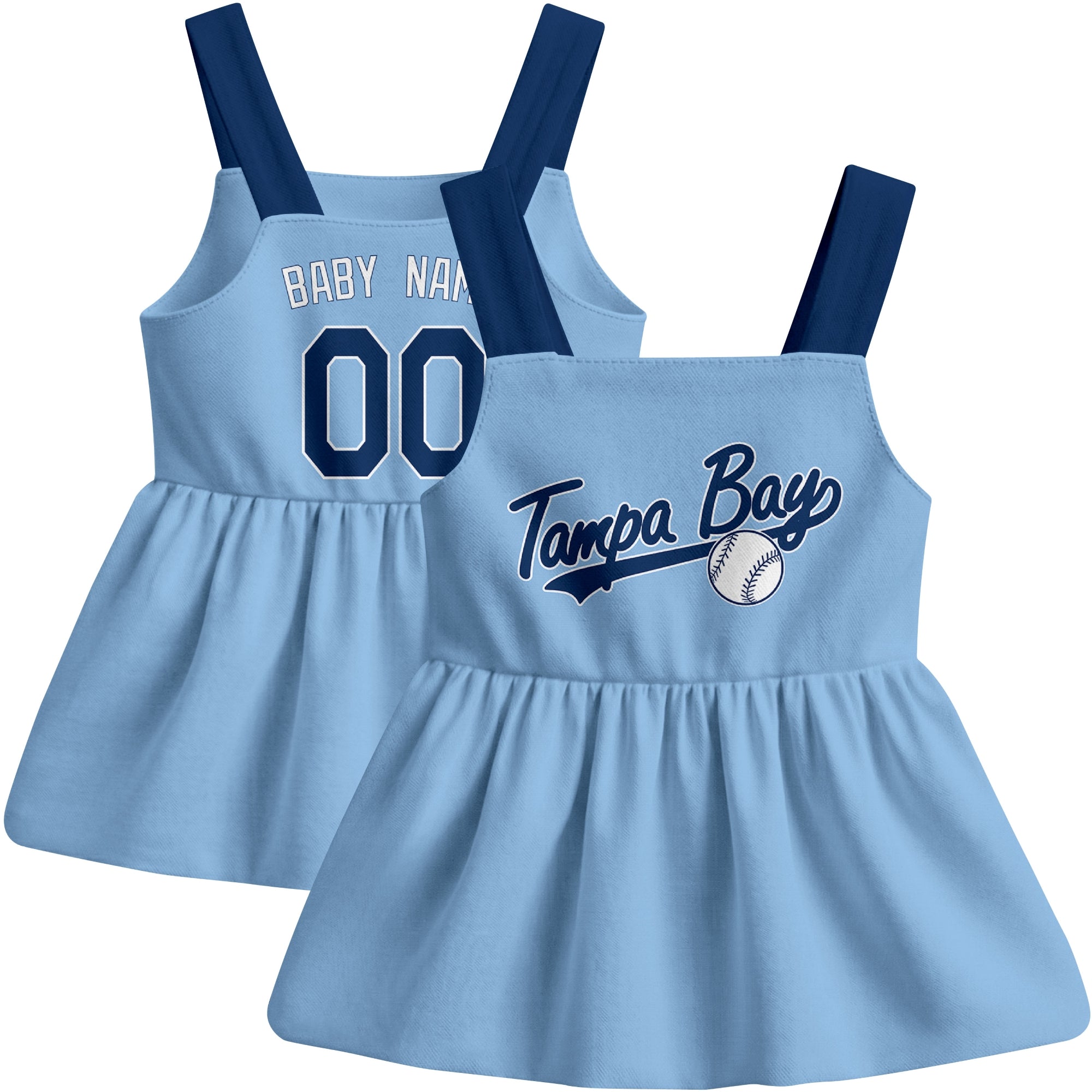Light Blue Tampa B-inspired baseball baby strap dress front and back view with custom name and number