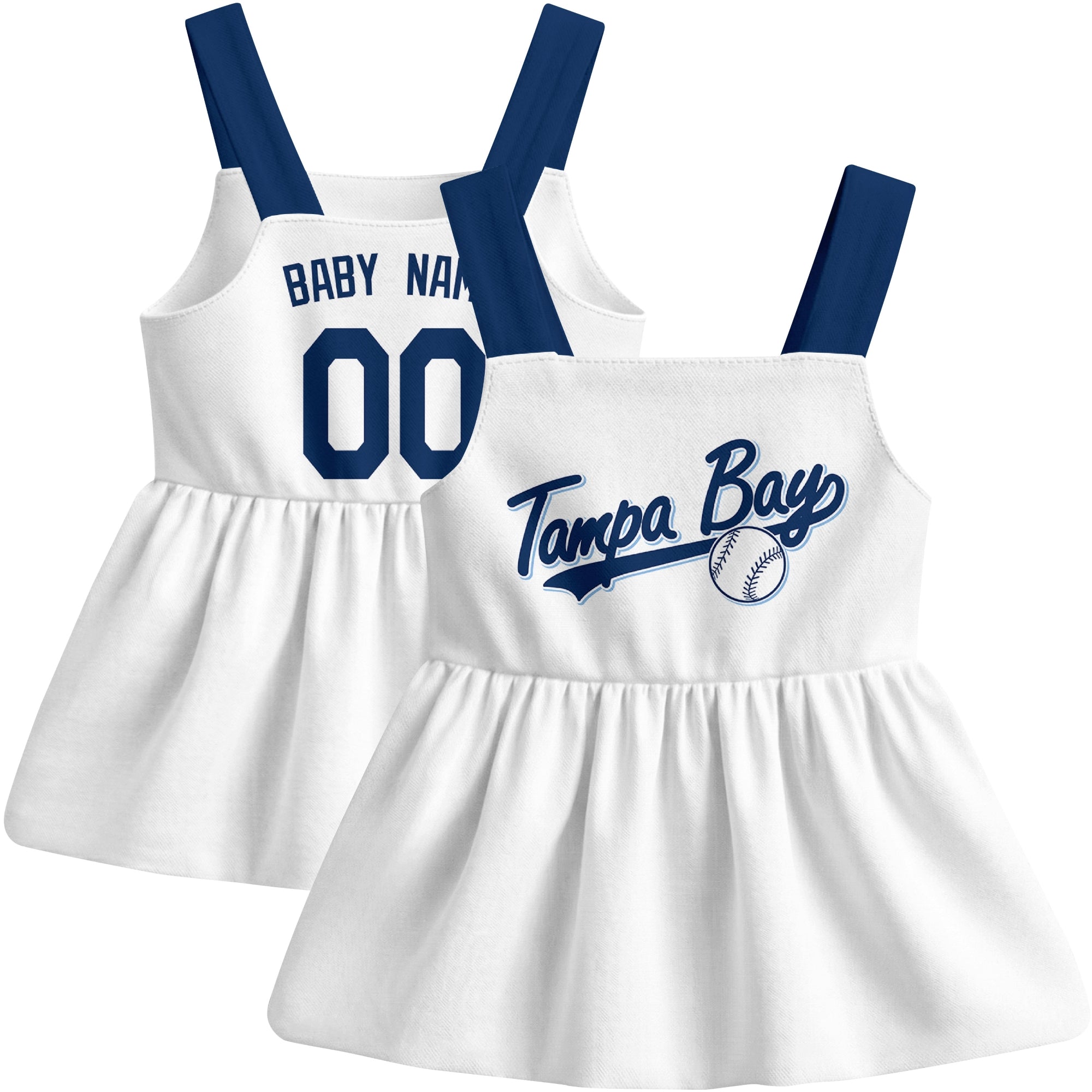 White Tampa B-inspired baseball baby strap dress front and back view with custom name and number