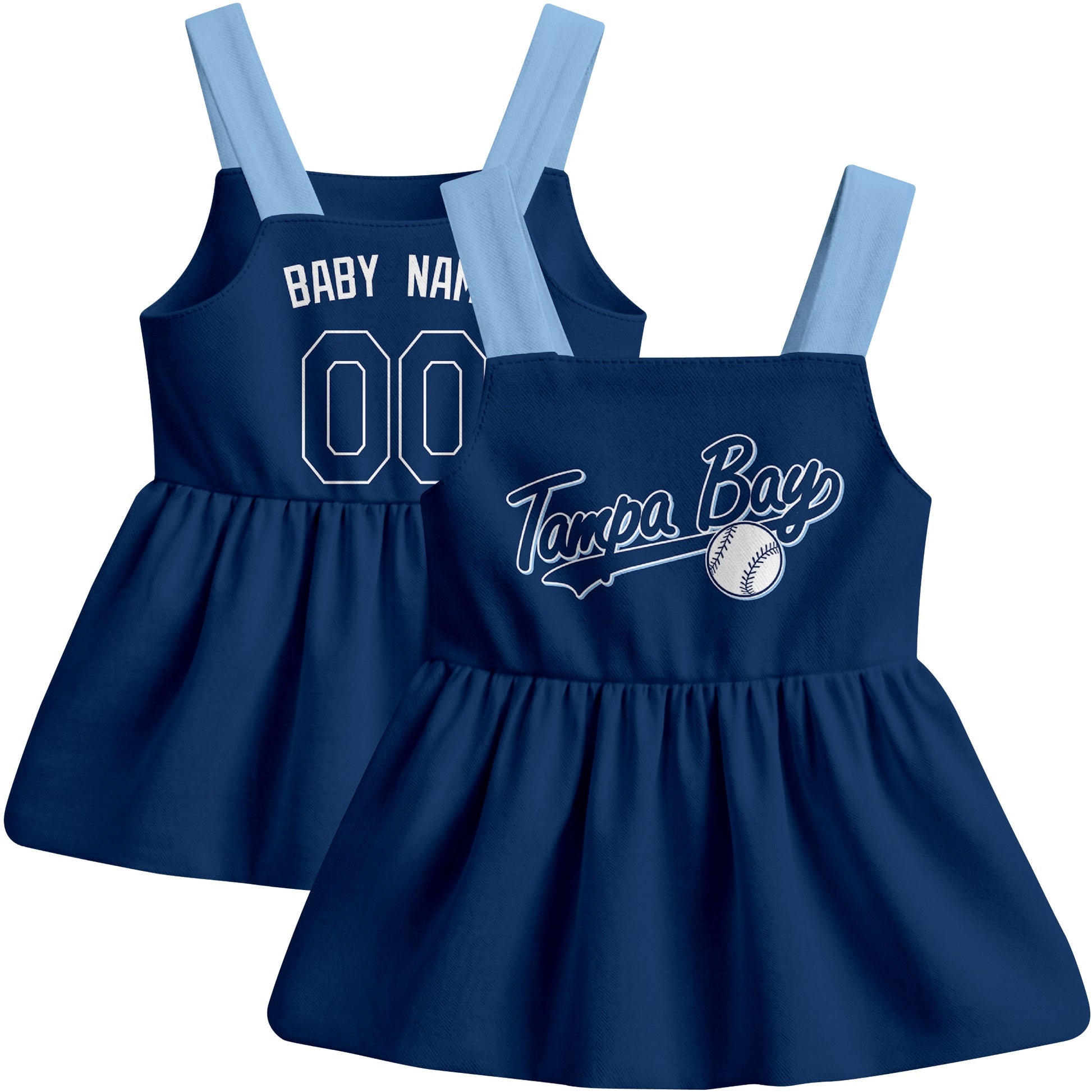 Navy Tampa B-inspired baseball baby strap dress front and back view with custom name and number