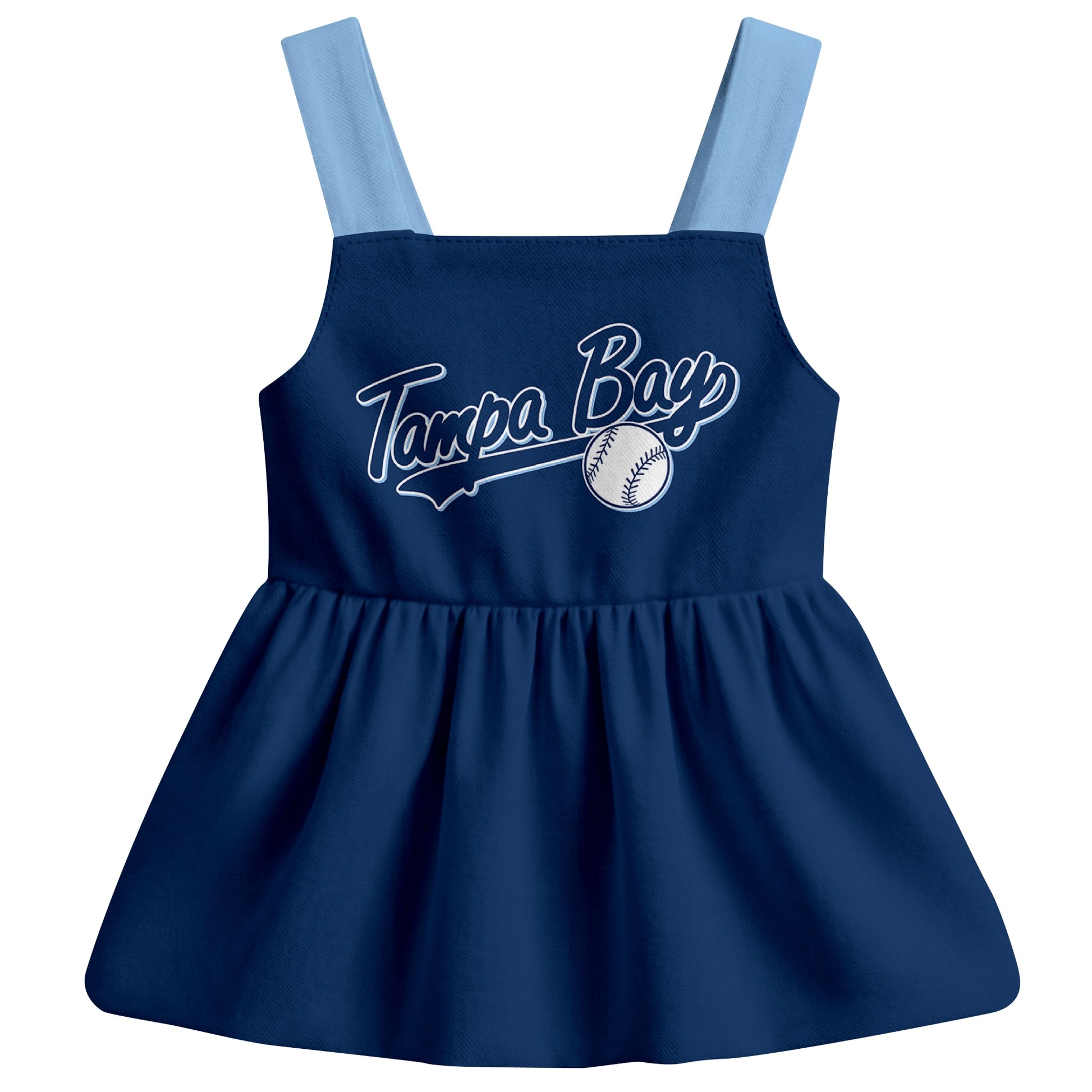 Navy Tampa B-inspired baseball baby strap dress front view with bold baseball graphic