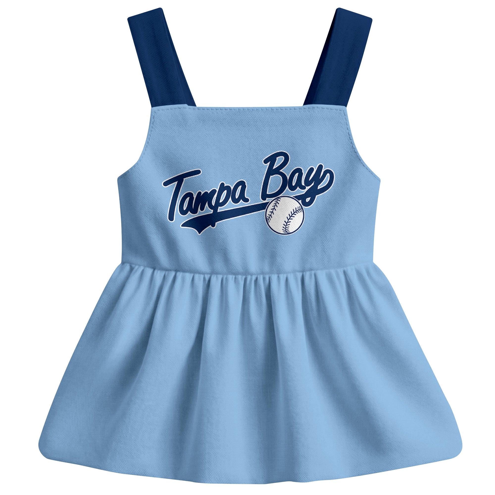 Light Blue Tampa B-inspired baseball baby strap dress front view with bold baseball graphic