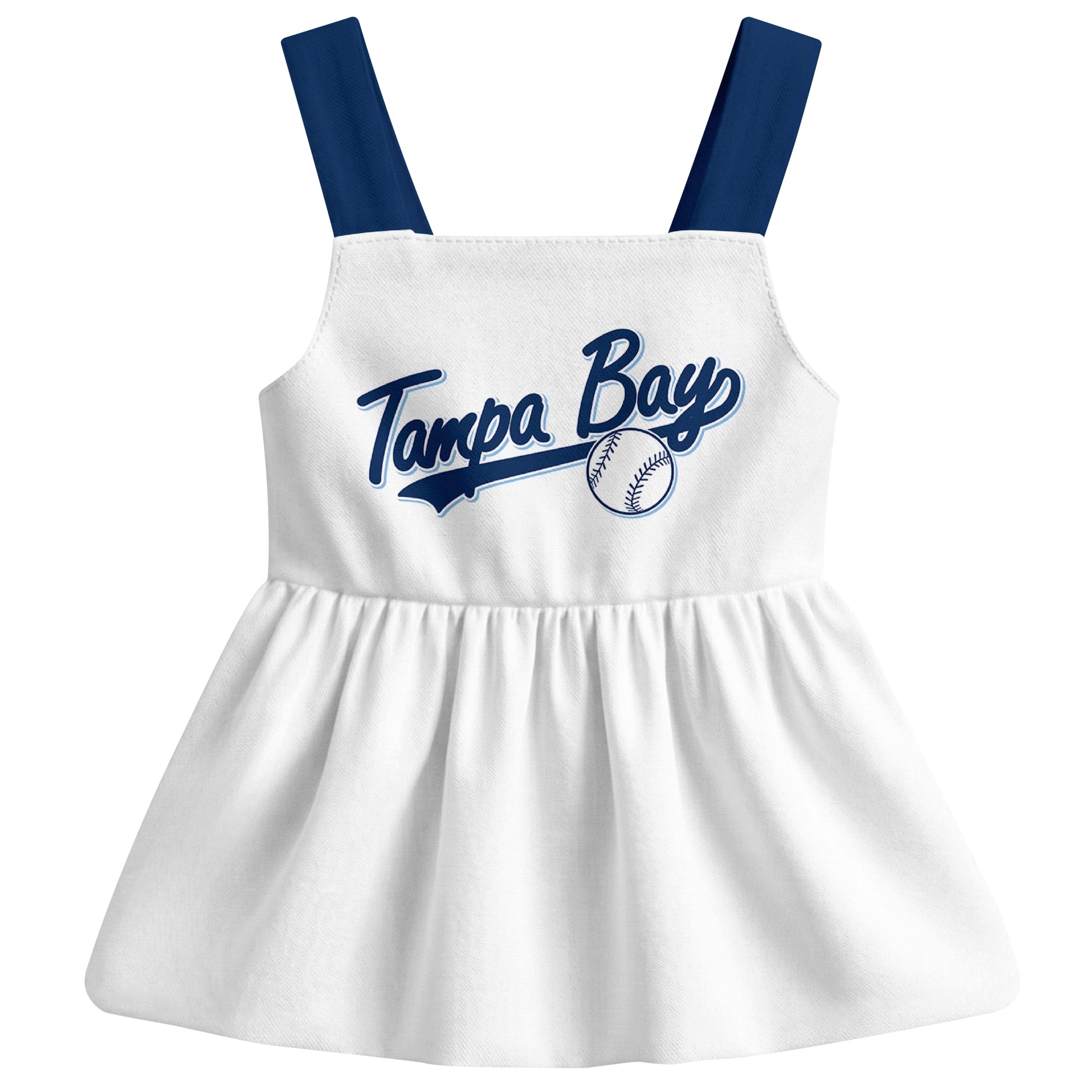 White Tampa B-inspired baseball baby strap dress front view with bold baseball graphic
