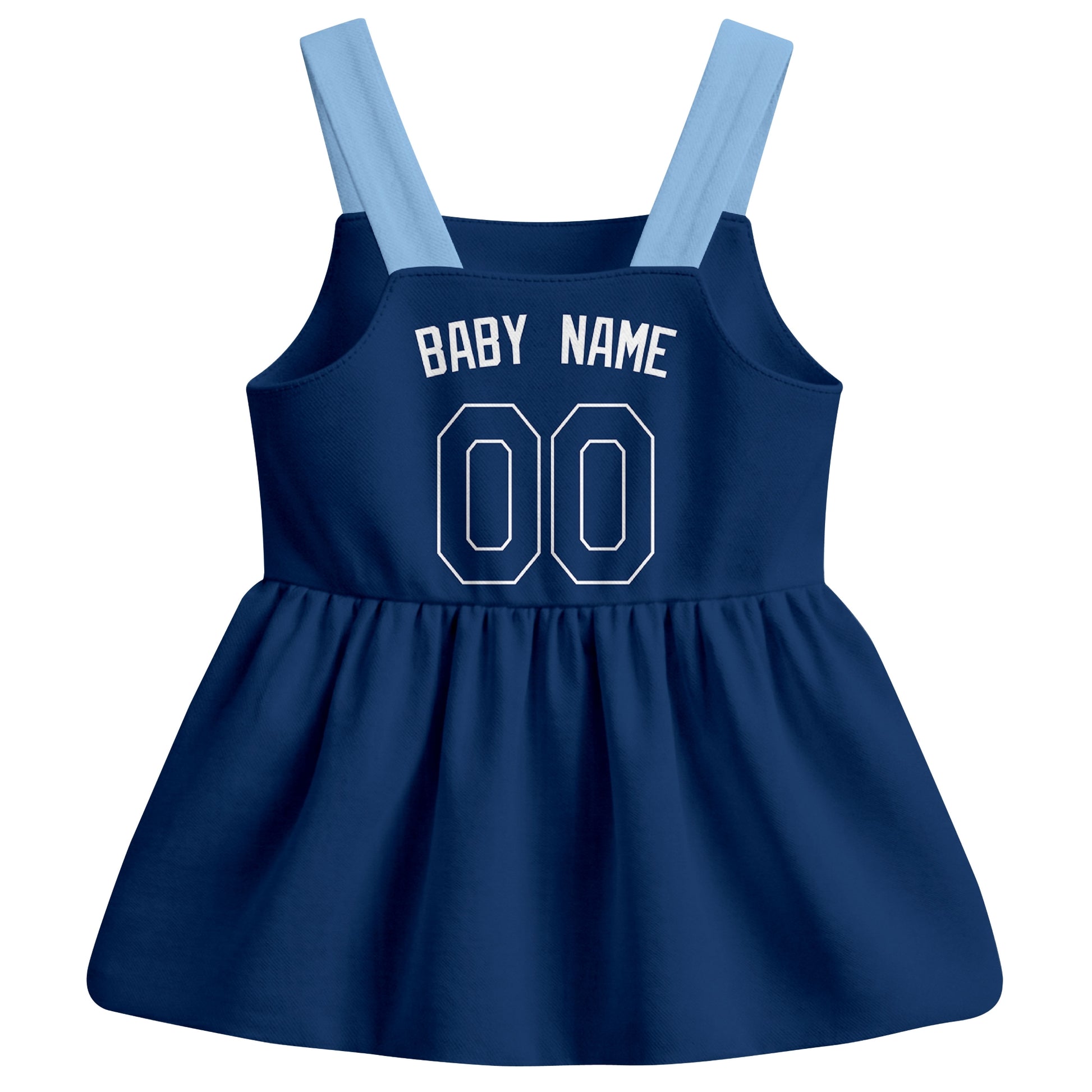 Navy Tampa B-inspired baseball baby strap dress back view with custom baby name and number