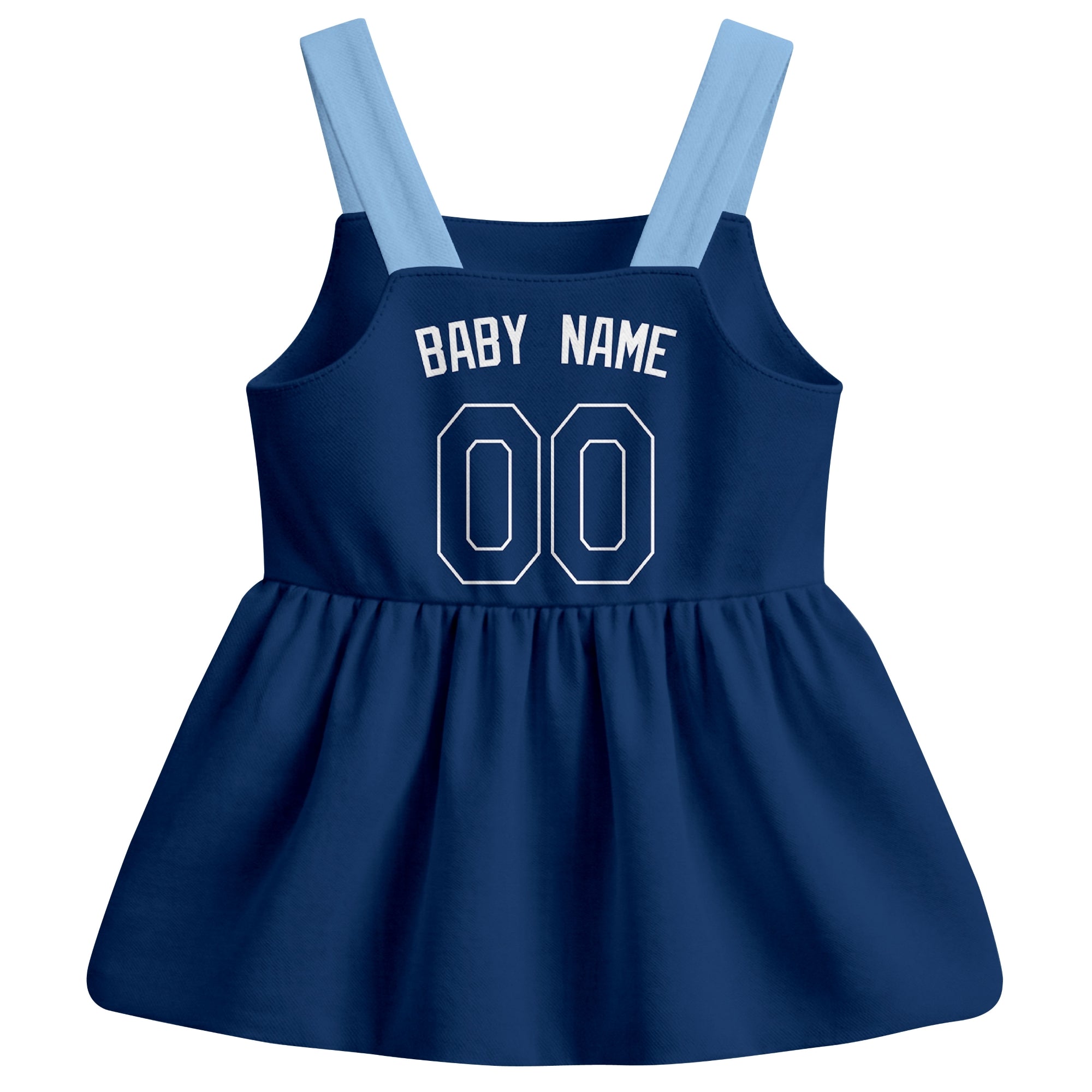 Navy Tampa B-inspired baseball baby strap dress back view with custom baby name and number